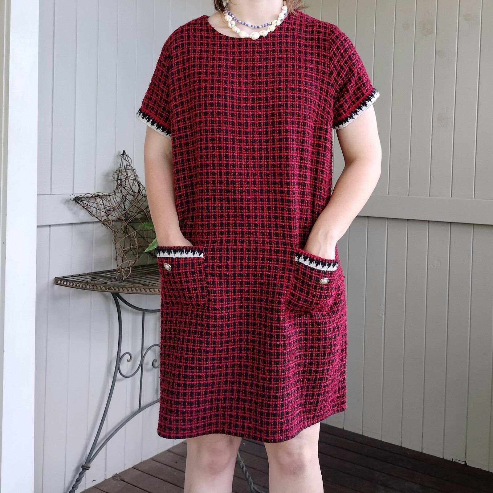 Designer Dorothy Perkins Dress Red Black Tweed Knit Mini Check Shift Size XXL / US 16-18 / IT 52-54 - 3 Thumbnail