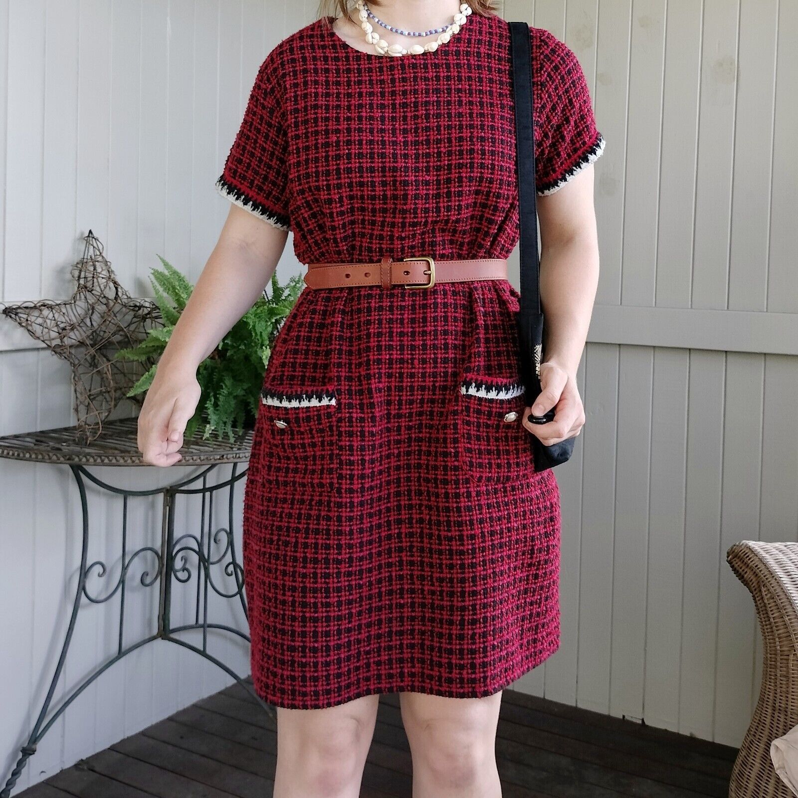 Designer Dorothy Perkins Dress Red Black Tweed Knit Mini Check Shift Size XXL / US 16-18 / IT 52-54 - 1 Thumbnail