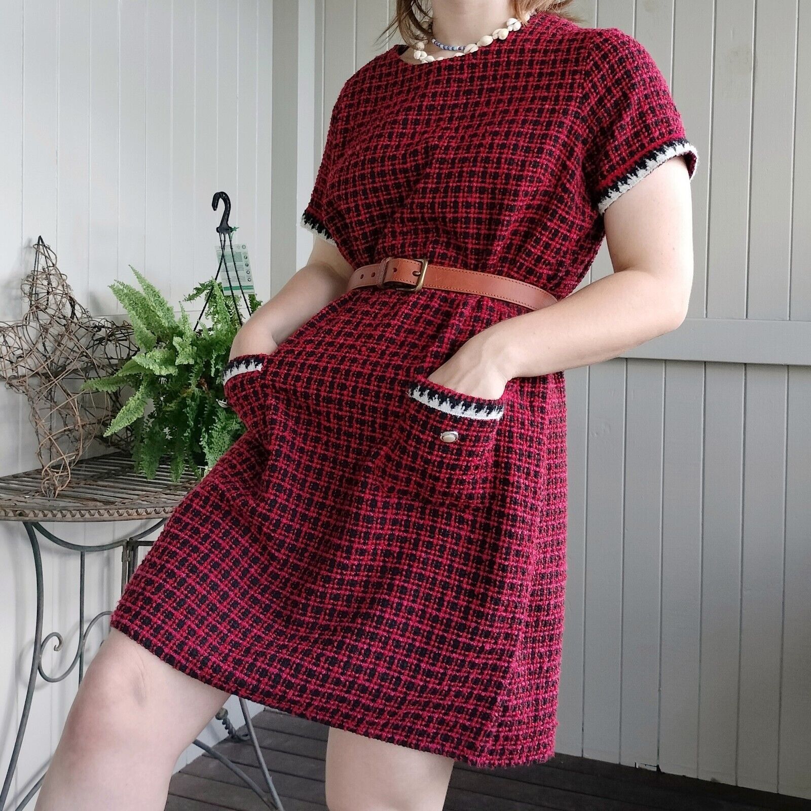 Designer Dorothy Perkins Dress Red Black Tweed Knit Mini Check Shift Size XXL / US 16-18 / IT 52-54 - 4 Thumbnail