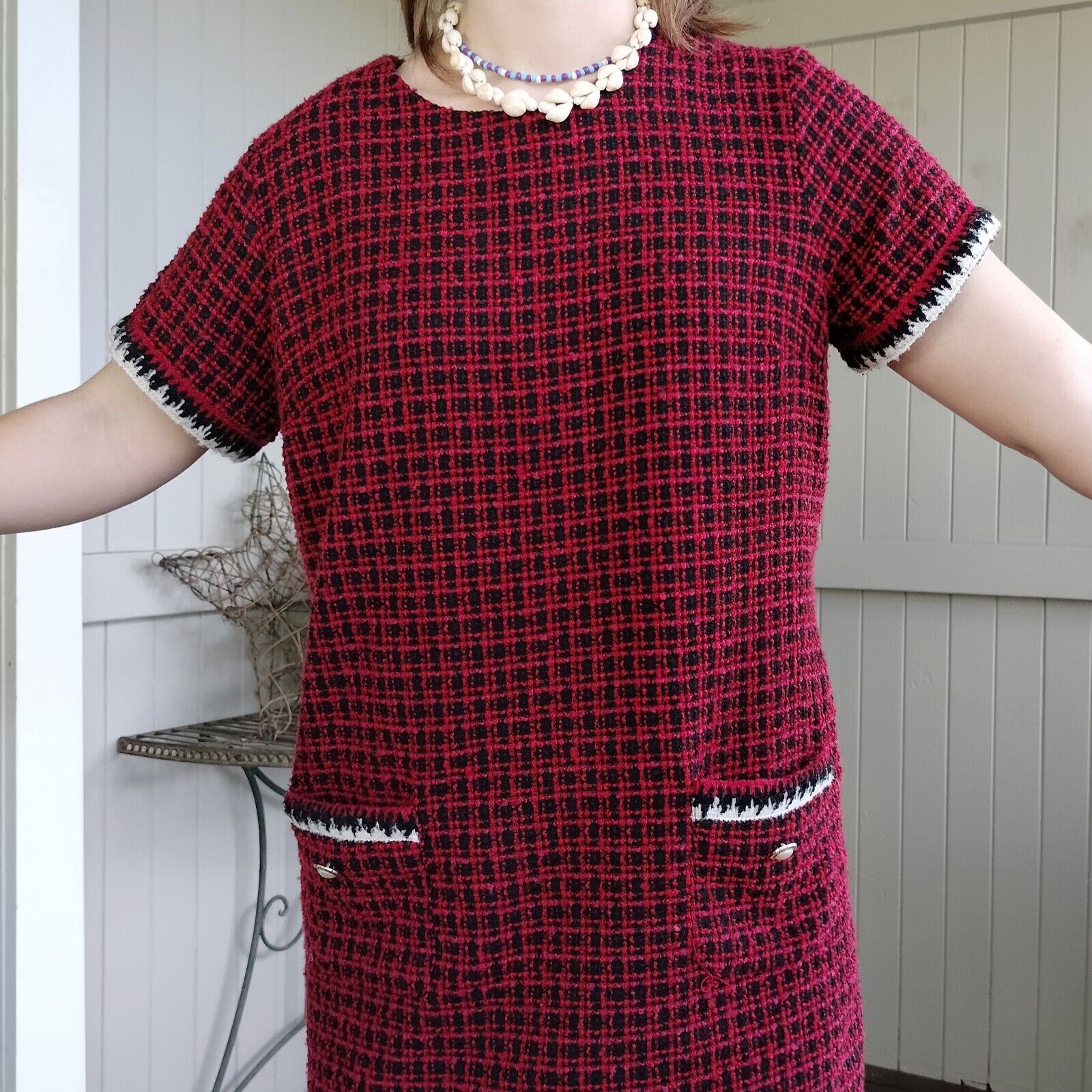 Designer Dorothy Perkins Dress Red Black Tweed Knit Mini Check Shift Size XXL / US 16-18 / IT 52-54 - 5 Thumbnail