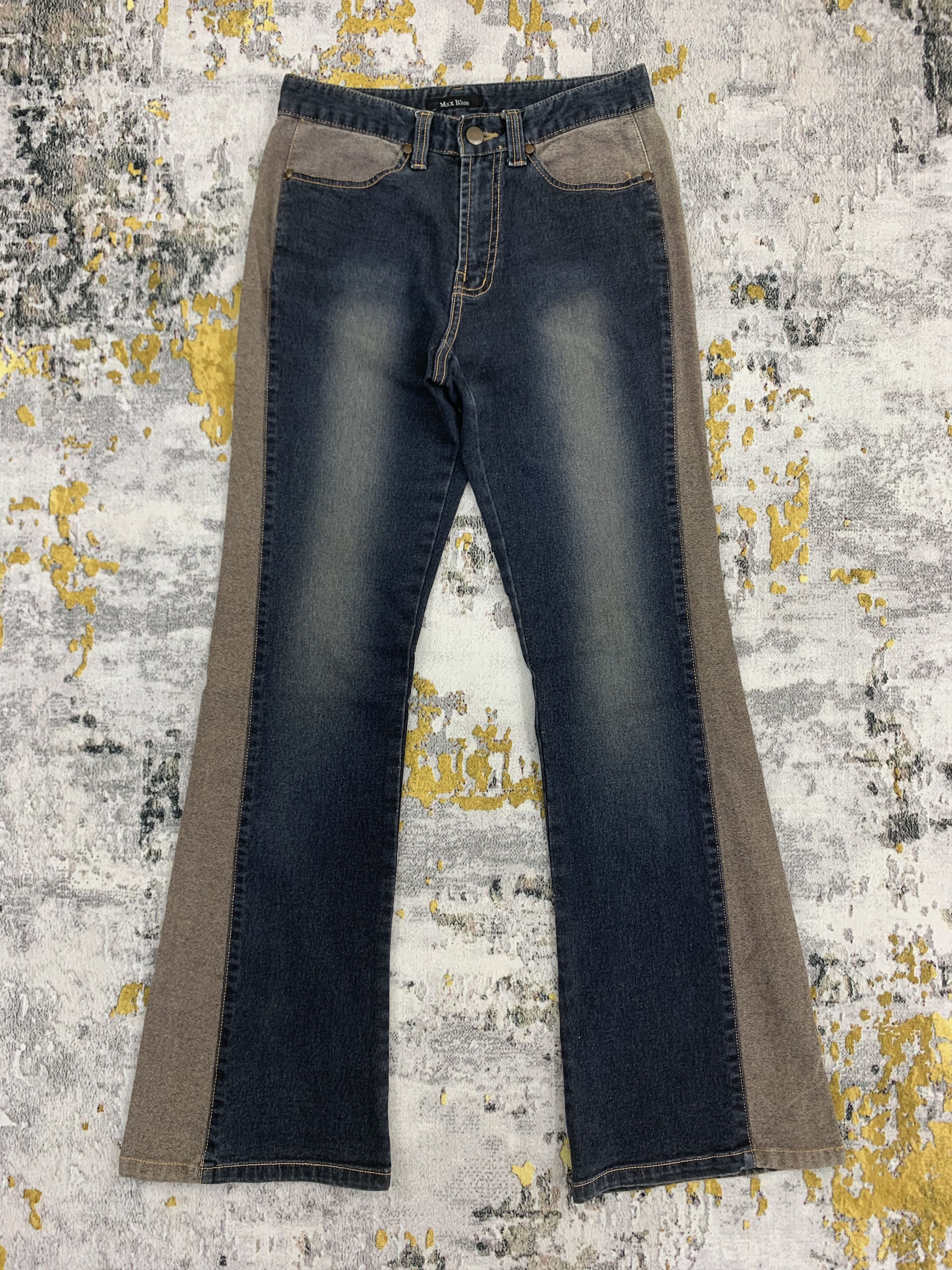 image of Avant Garde Flared Denim Max Blue Two Tone Color Pants, Men's (Size 26)