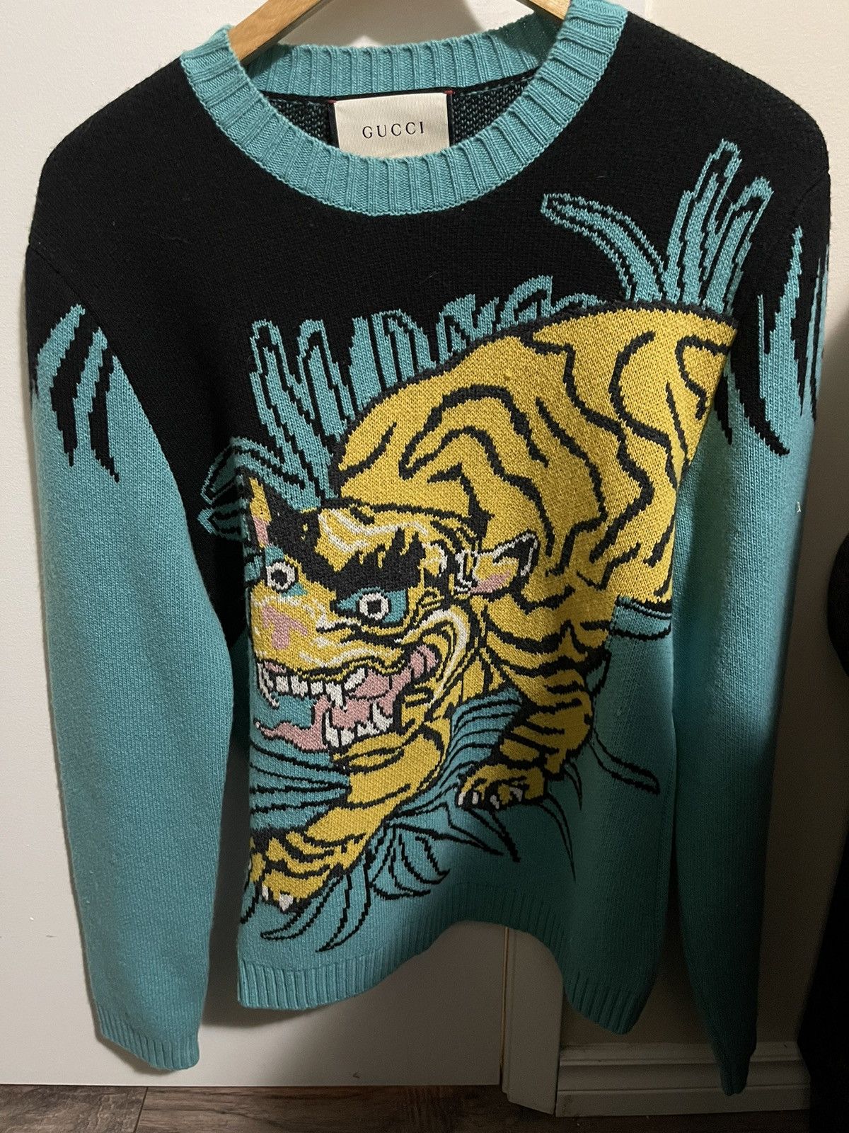 image of Gucci Tiger Intarsia Sweater in Teal Blue, Men's (Size Small)