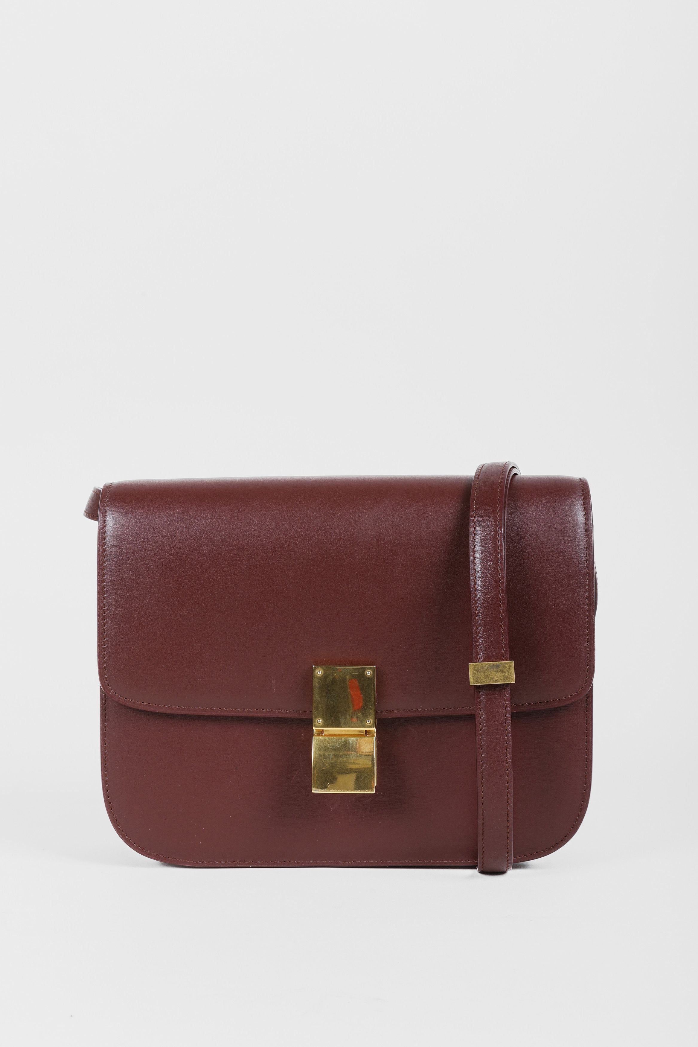 Celine Burgundy Box Calfskin Medium Classic Bag