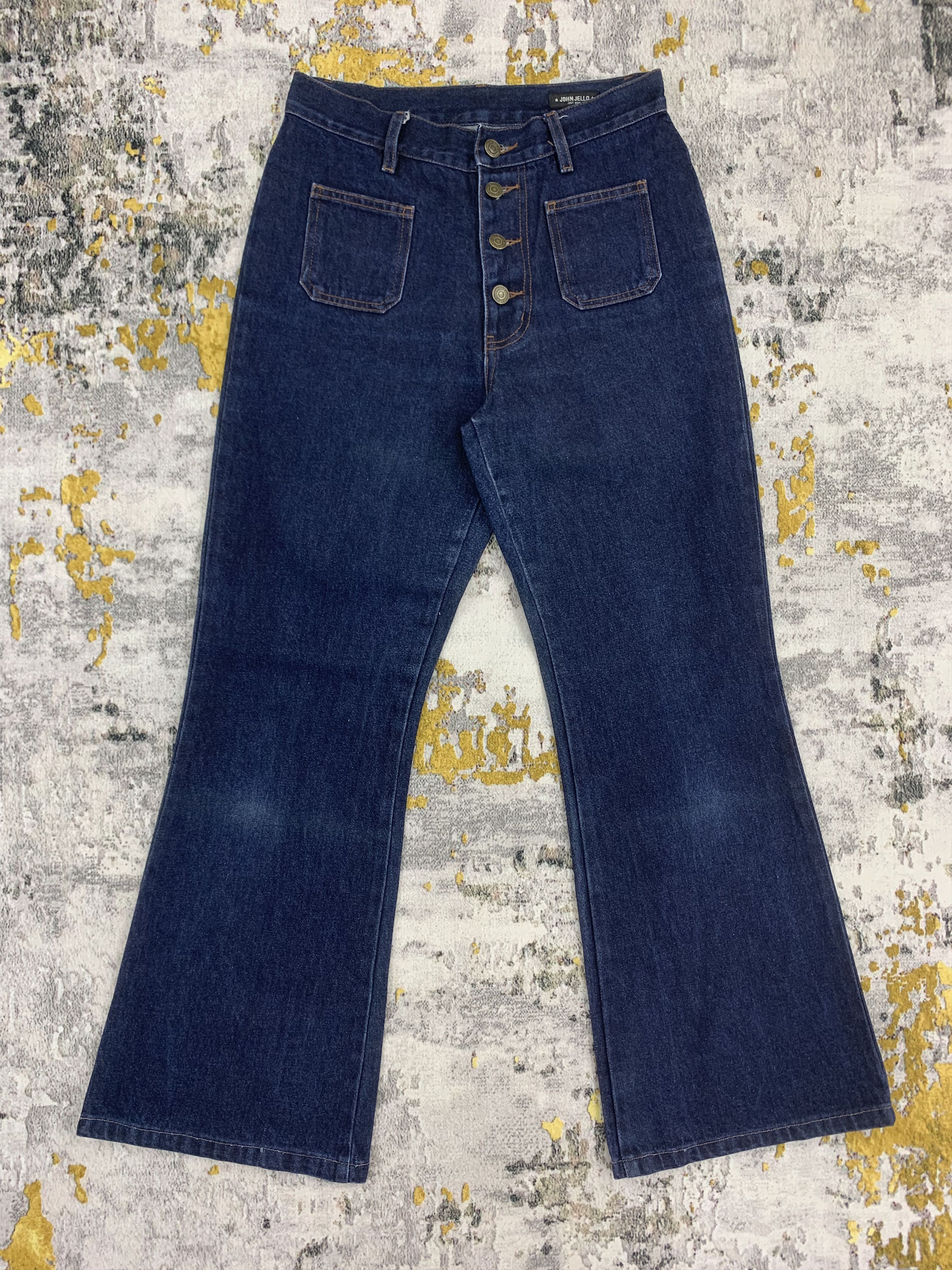 image of Vintage John Jello Womens Denim Blue Flared Jeans Fly Button (Size 27)