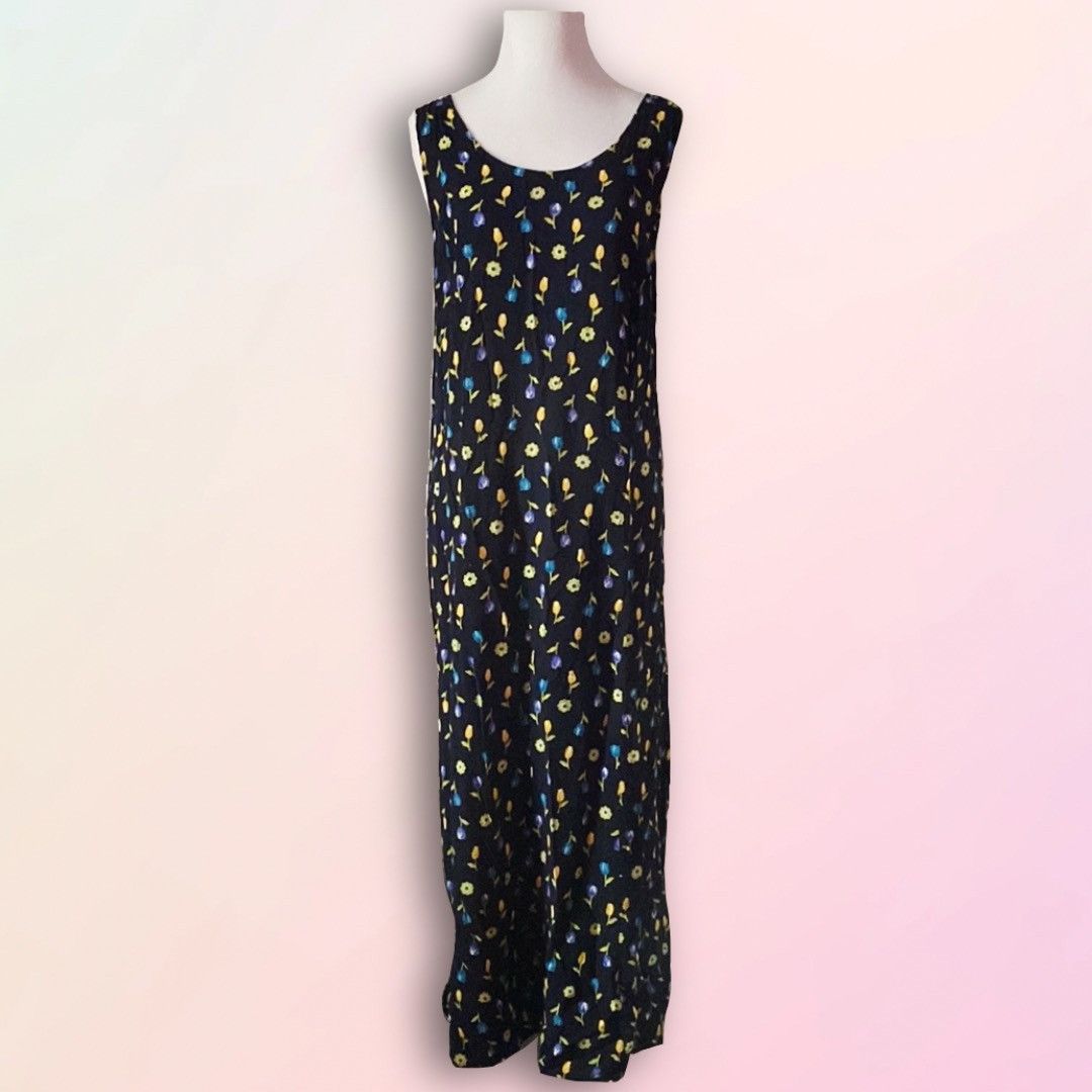 Vintage Vintage, Floral, Navy, Rayon, Sleeveless Maxi Dress Size L / US 10 / IT 46 - 14 Thumbnail