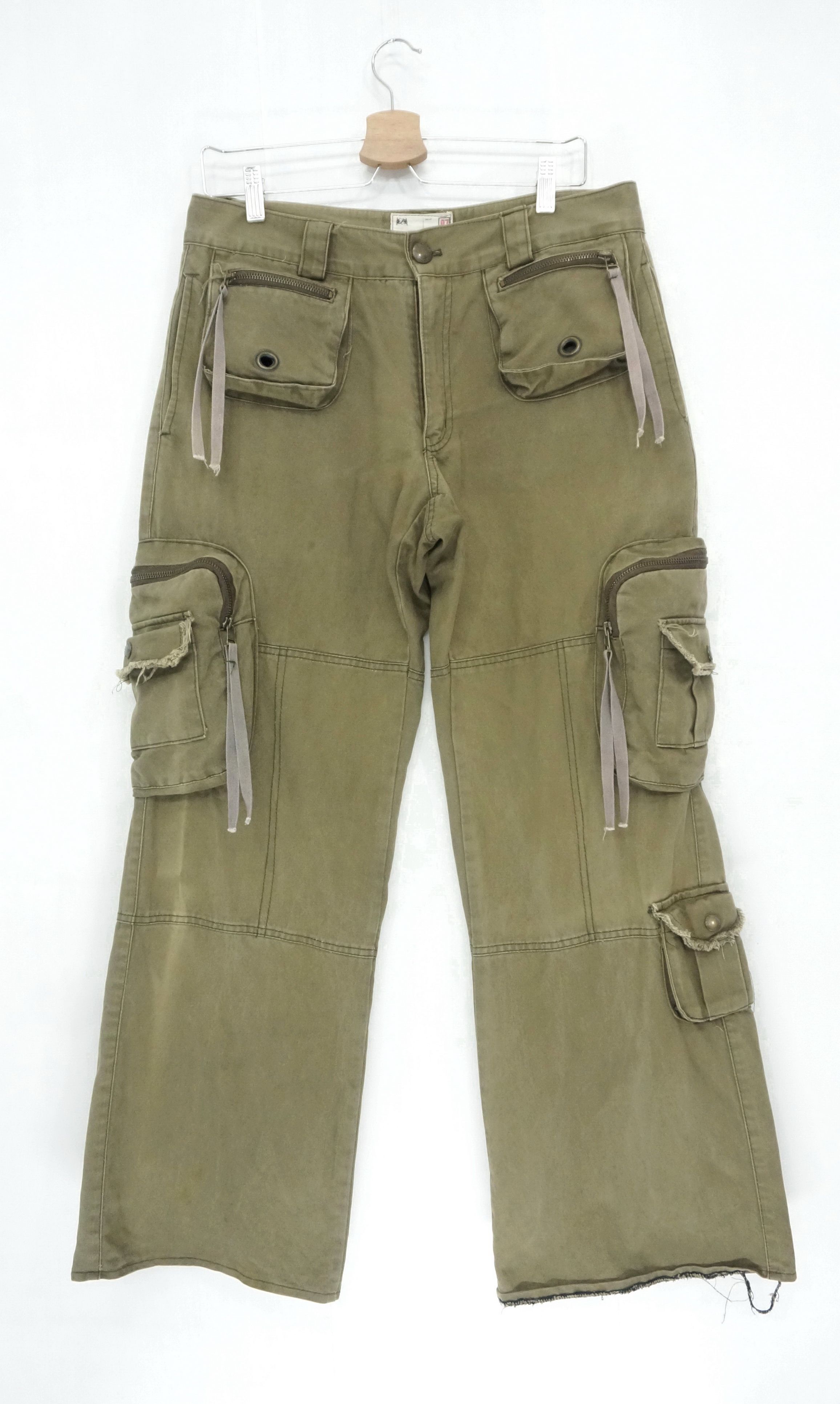 Pre-owned Japanese Brand Dopevtg! Siskeli Japan Wide Flared Worn Out 3d Cargo Pants In Dusty Olive Green