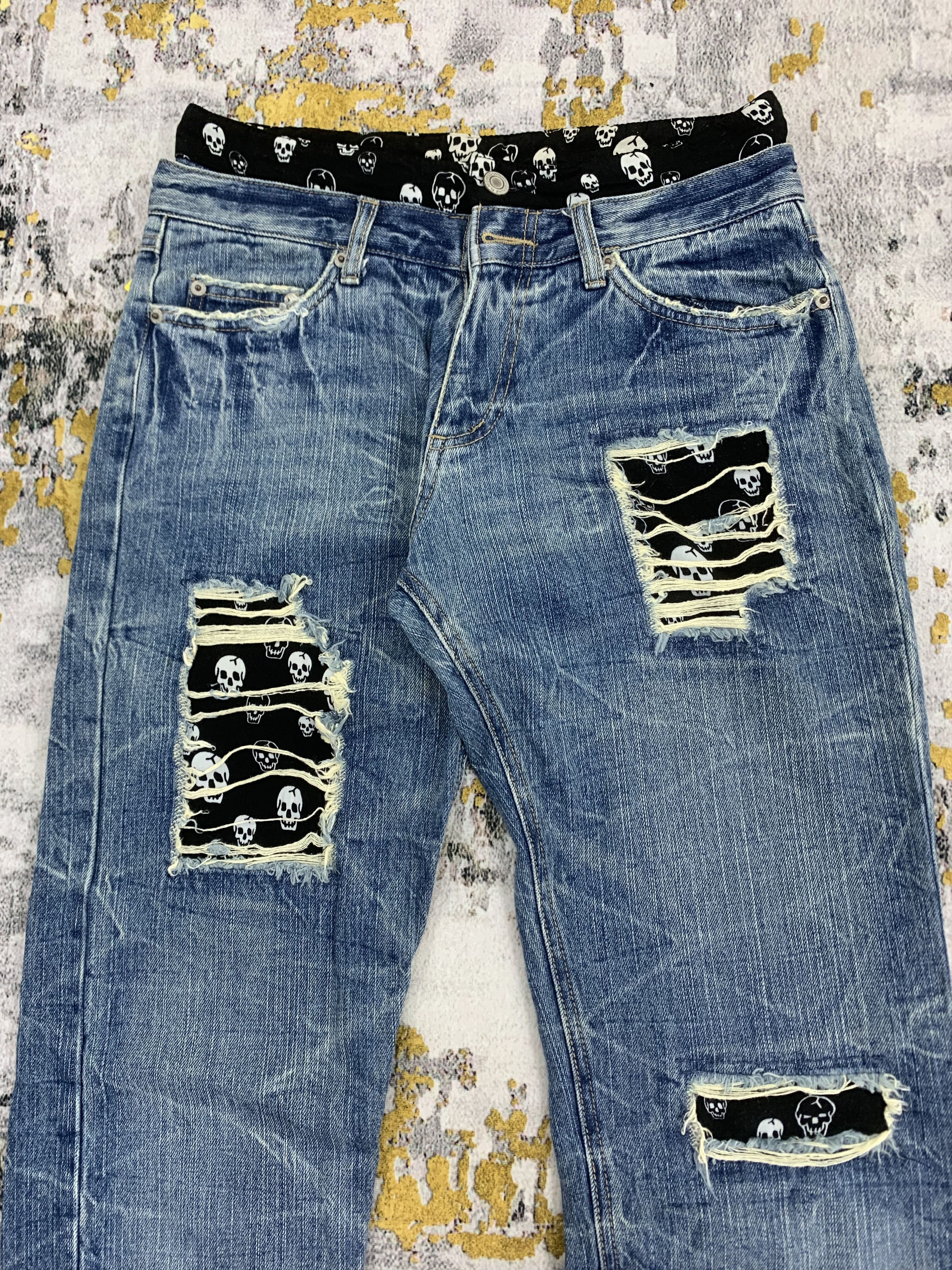 Japanese Brand Distressed Denim Blue Trip Skulls Patchwork Size US 30 / EU 46 - 2 Thumbnail