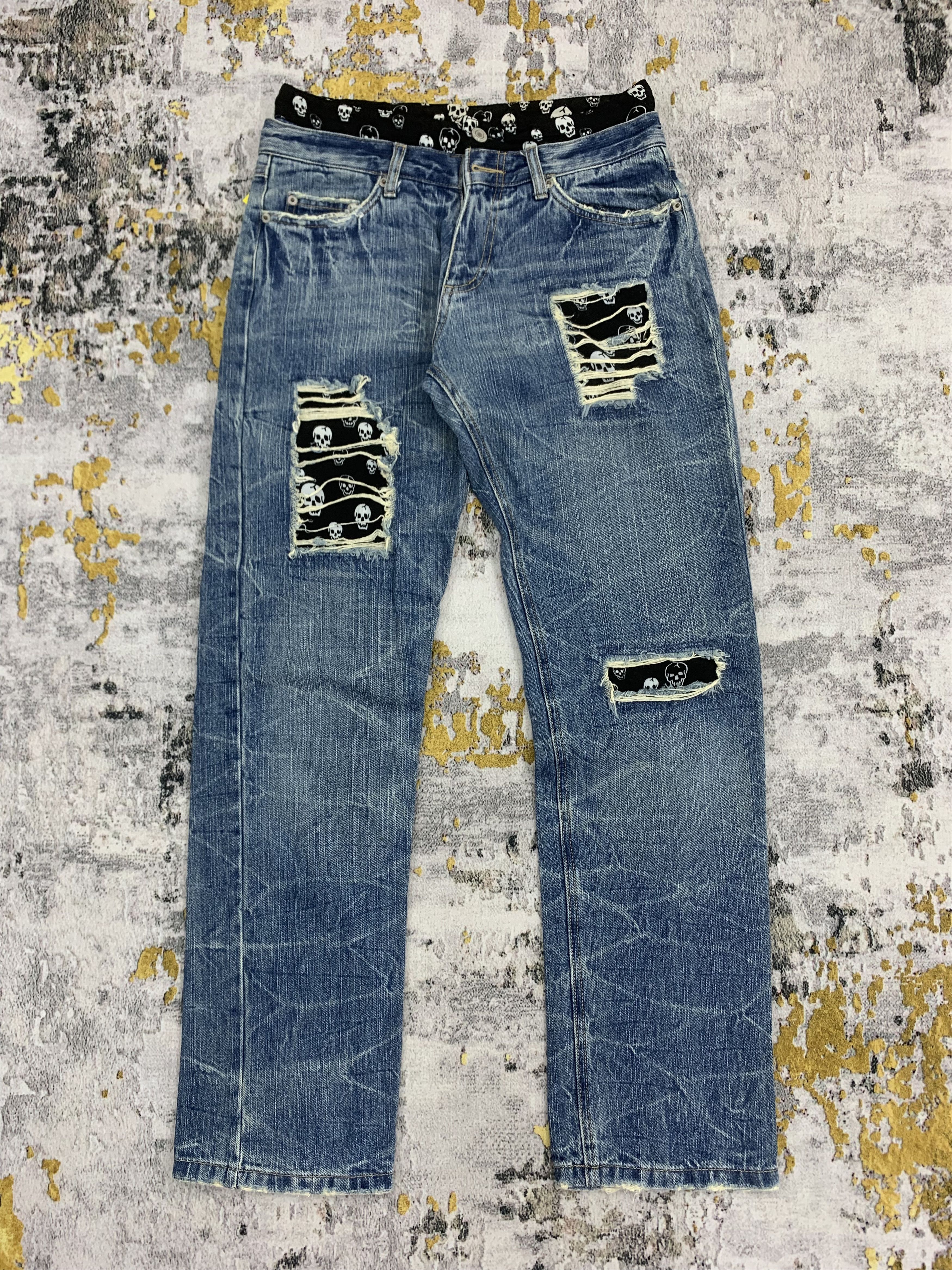 Japanese Brand Distressed Denim Blue Trip Skulls Patchwork Size US 30 / EU 46 - 1 Thumbnail