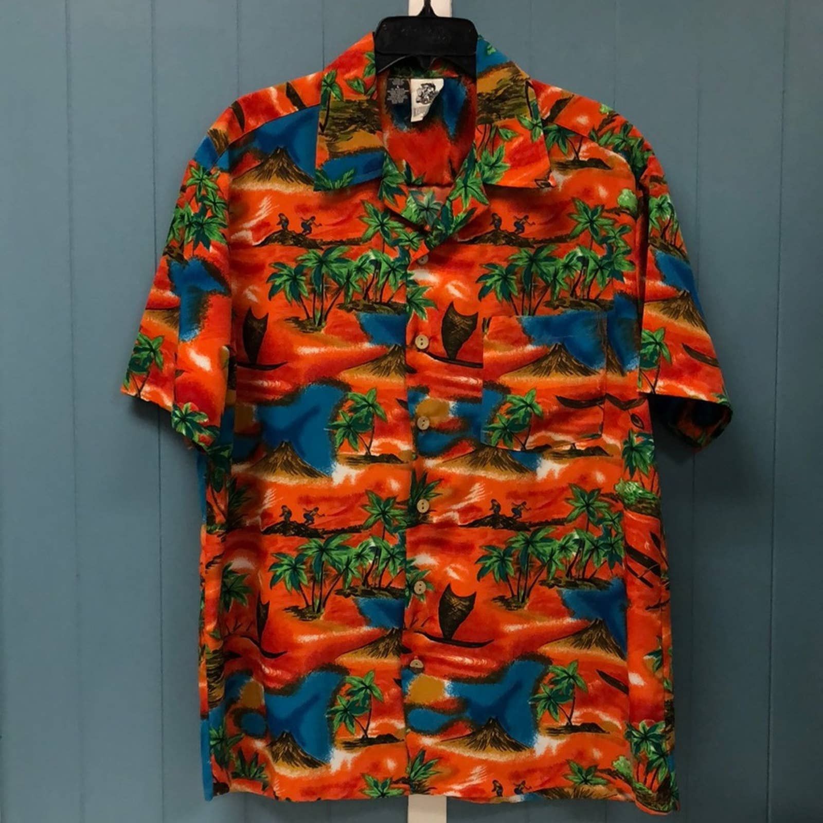 Vtg Summer Hawaiian Shirt 80s Volcano Beach Palm Tree size L