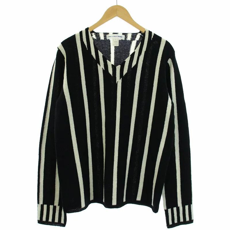 Comme des Garcons Sweater Black V Neck Striped Wool Knit Size US L / EU 52-54 / 3 - 1 Thumbnail