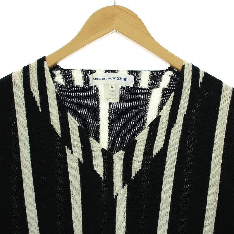 Comme des Garcons Sweater Black V Neck Striped Wool Knit Size US L / EU 52-54 / 3 - 3 Thumbnail