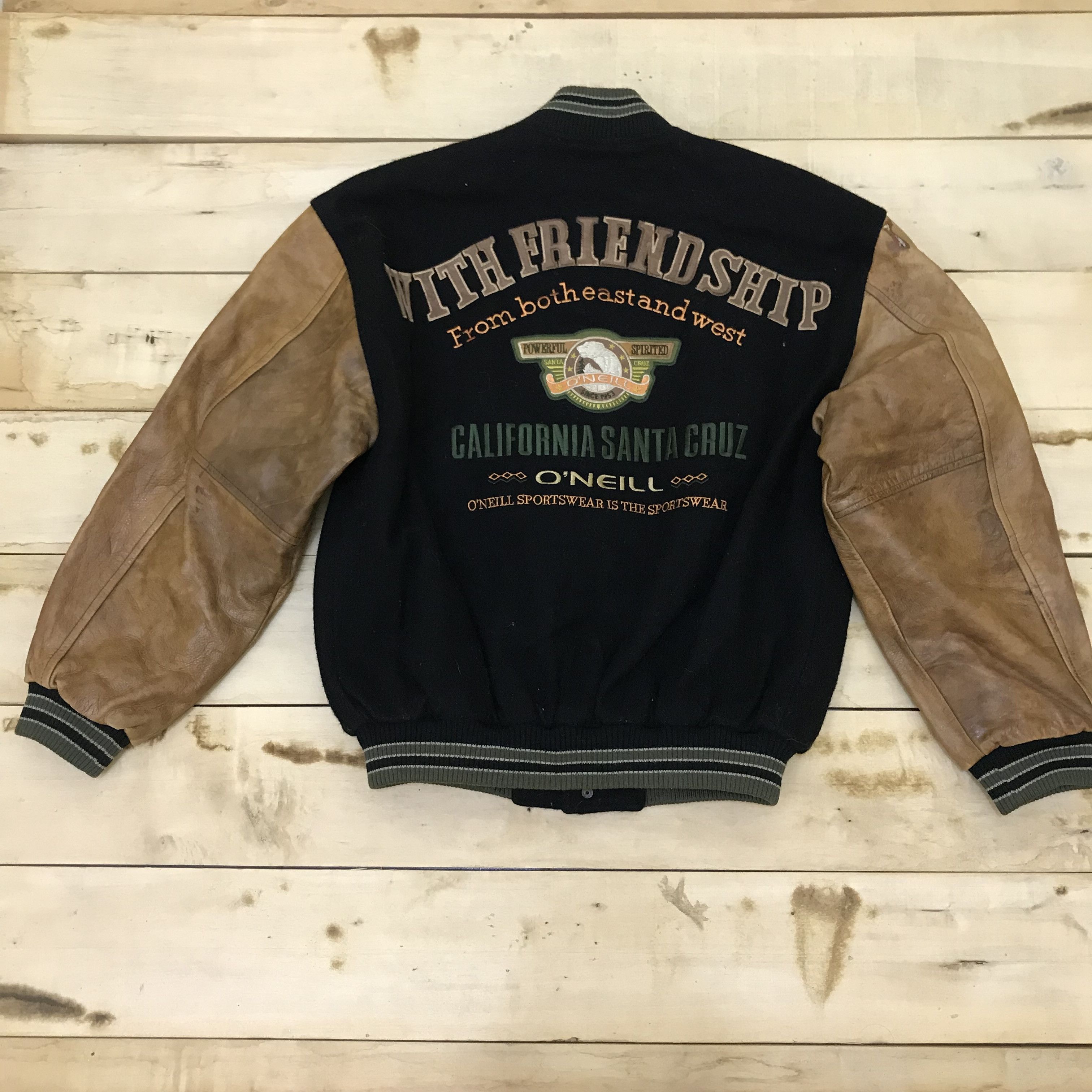 Vintage 90s O'neill Wool Varsity Jacket Leather Sleeves Big Logo Embroidery  Spell Out Button up Printed Lining Surfwear Streetwear Size L-XL - Etsy