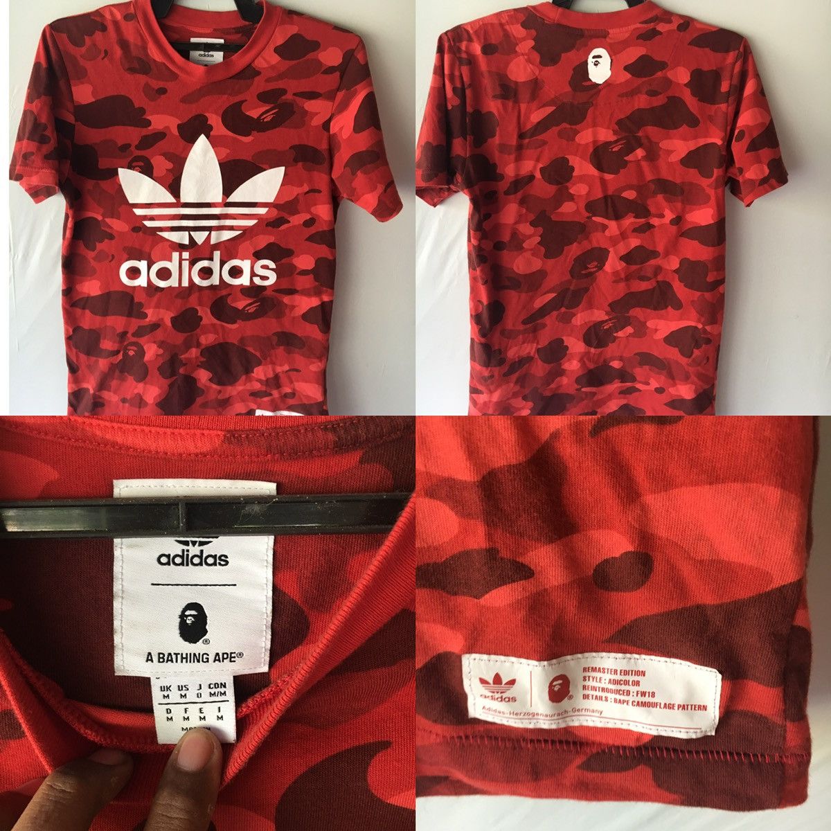 image of Bathing Ape X Adidas Red Camo Tee Shirt, Men's (Size Small)