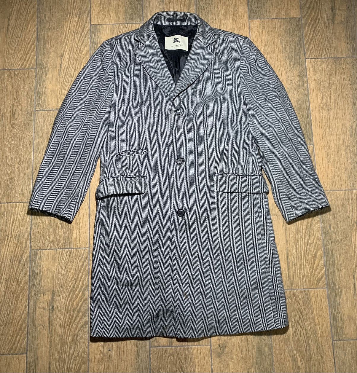 Mens Burberry London Black & White Herringbone Overcoat