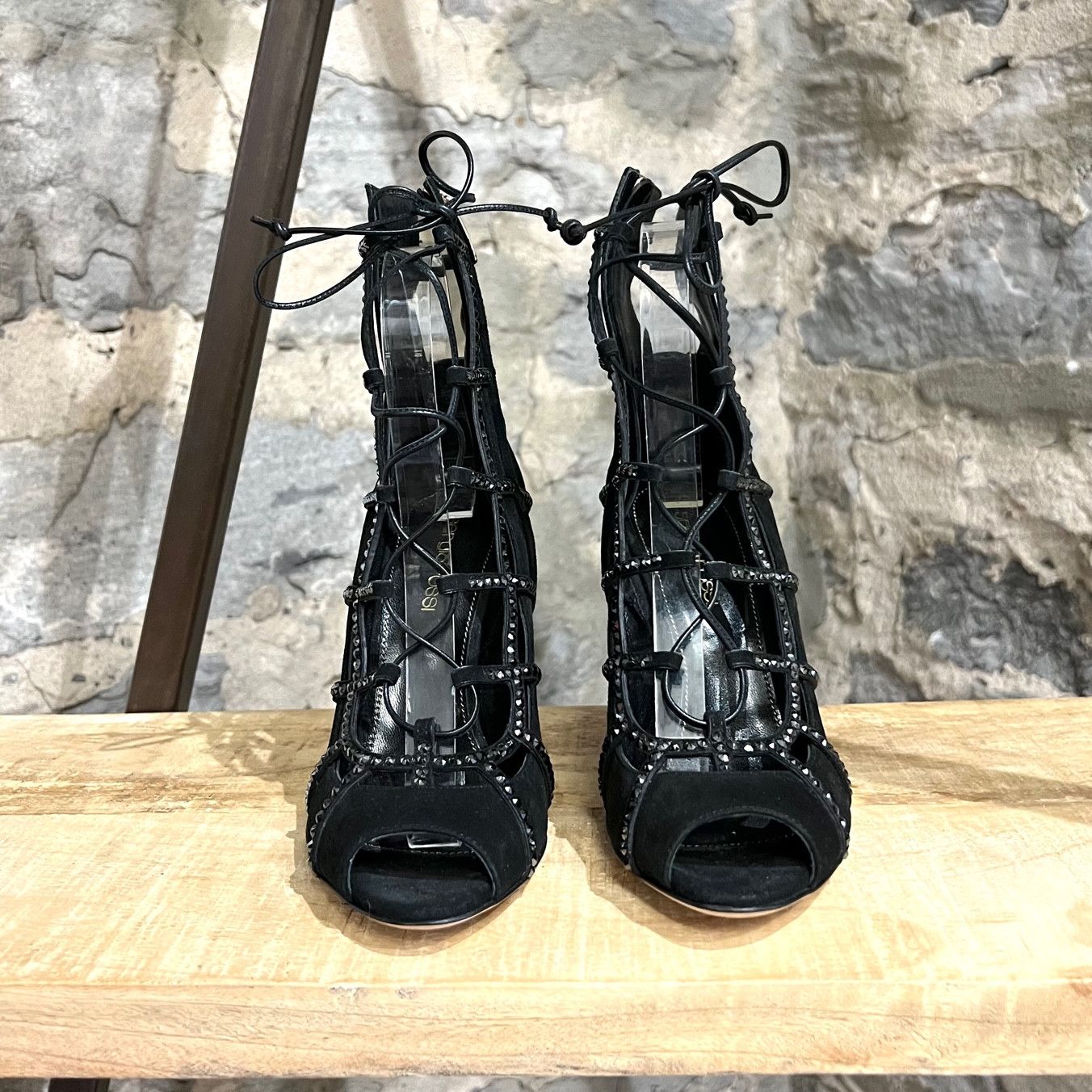 Sergio Rossi Sergio Rossi Black Suede Crystal Embellished Caged Sandals Size US 6 / IT 36 - 2 Thumbnail