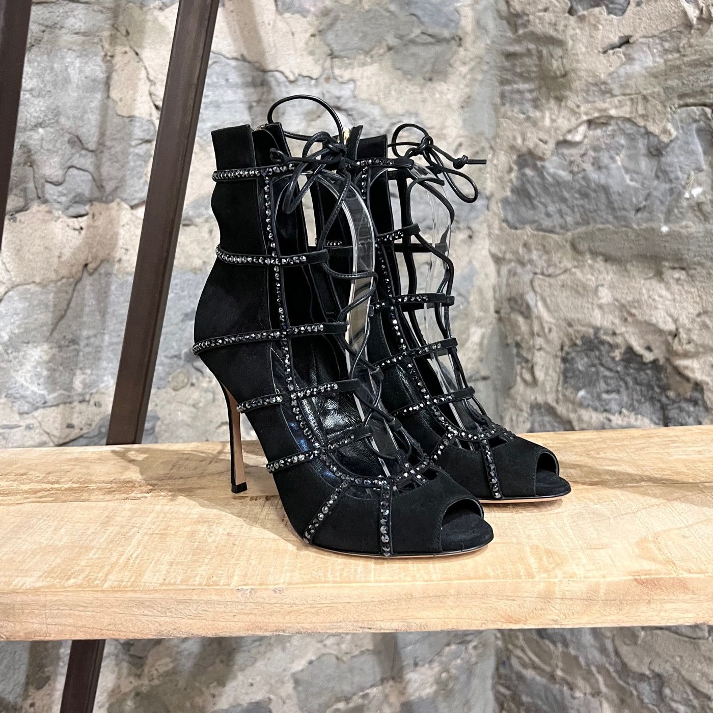 Sergio Rossi Sergio Rossi Black Suede Crystal Embellished Caged Sandals Size US 6 / IT 36 - 1 Thumbnail