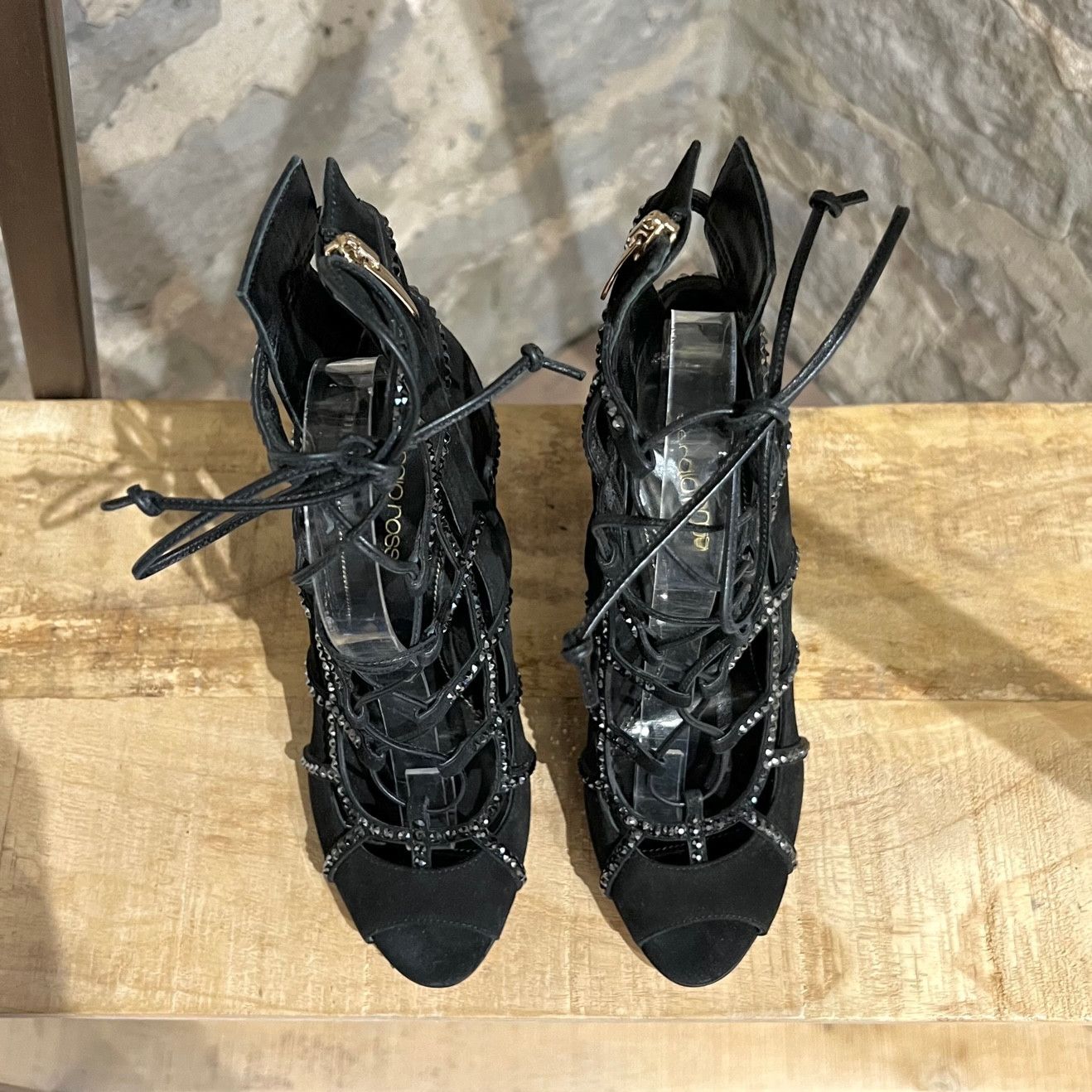 Sergio Rossi Sergio Rossi Black Suede Crystal Embellished Caged Sandals Size US 6 / IT 36 - 6 Thumbnail