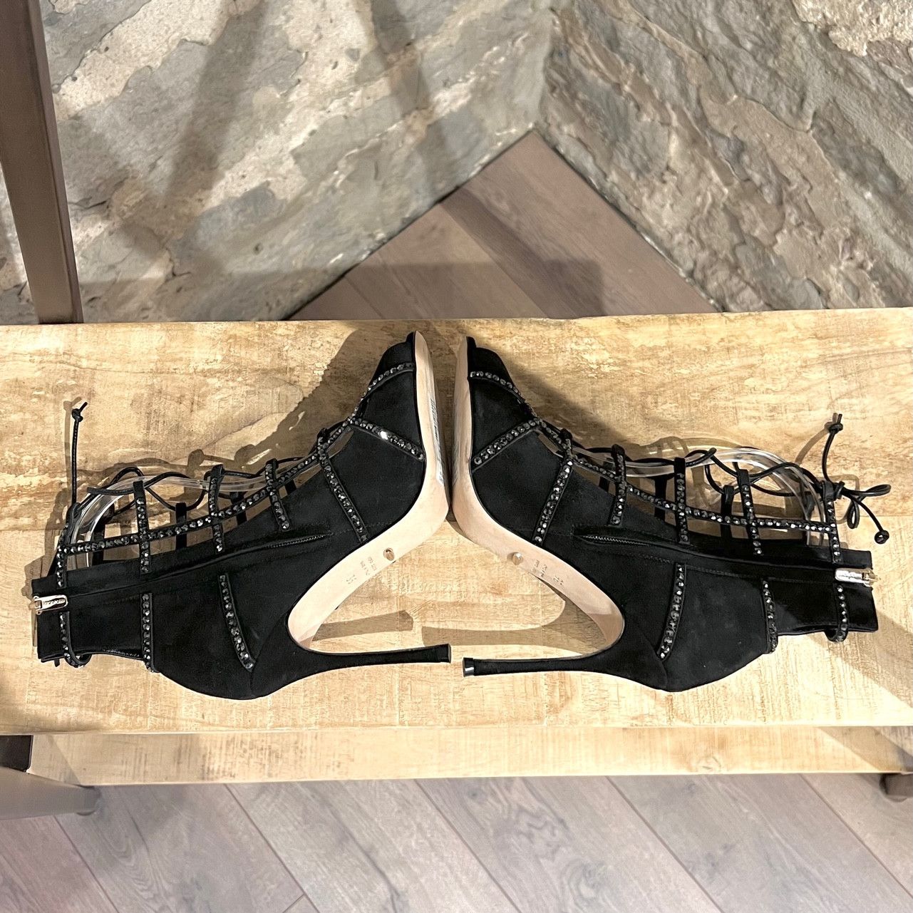 Sergio Rossi Sergio Rossi Black Suede Crystal Embellished Caged Sandals Size US 6 / IT 36 - 5 Thumbnail