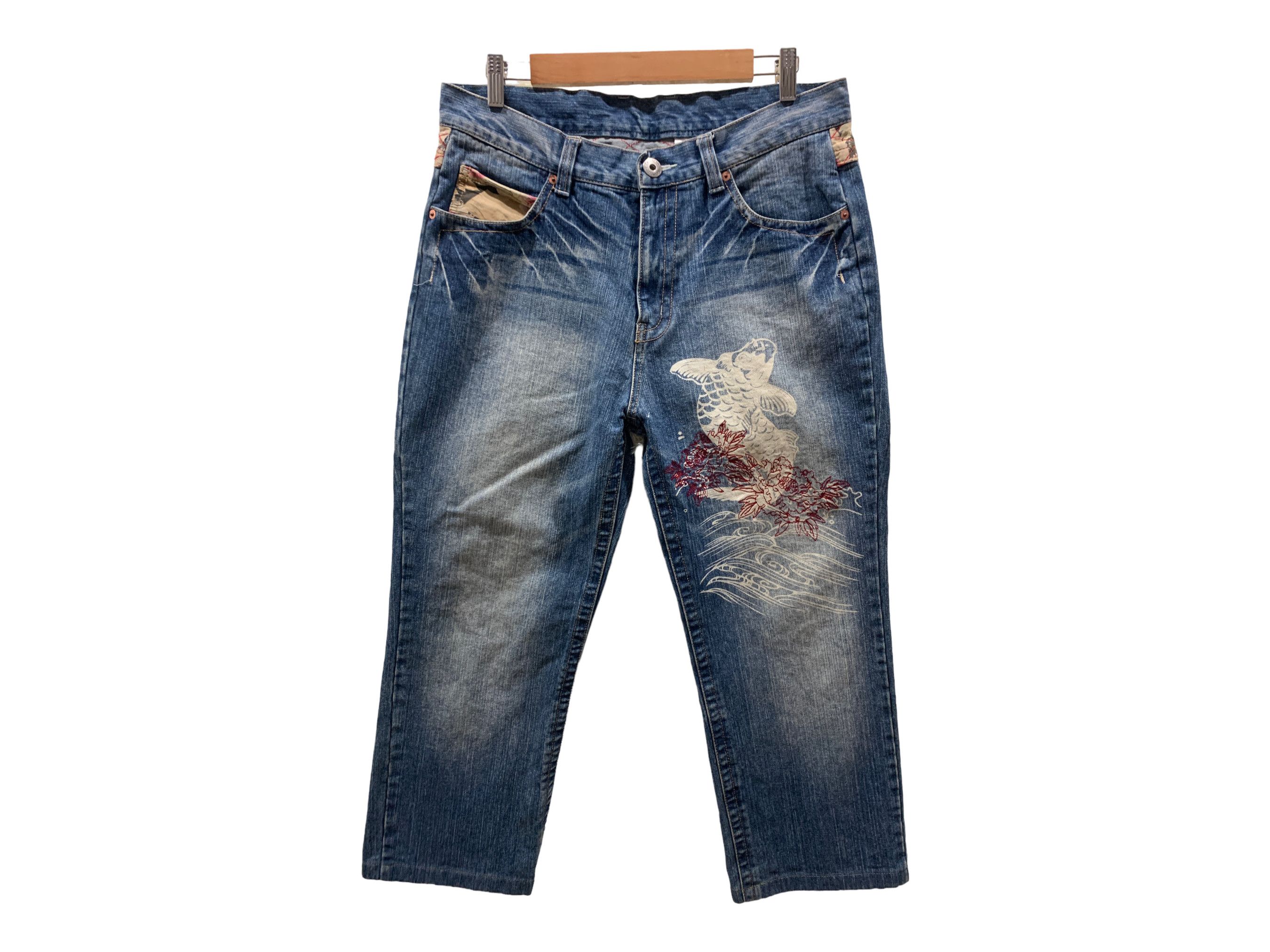 image of Distressed Denim x Rockers Koi Painted Cropped Jeans Nishikigoi Printed Denim Jeans in Blue (Size 3