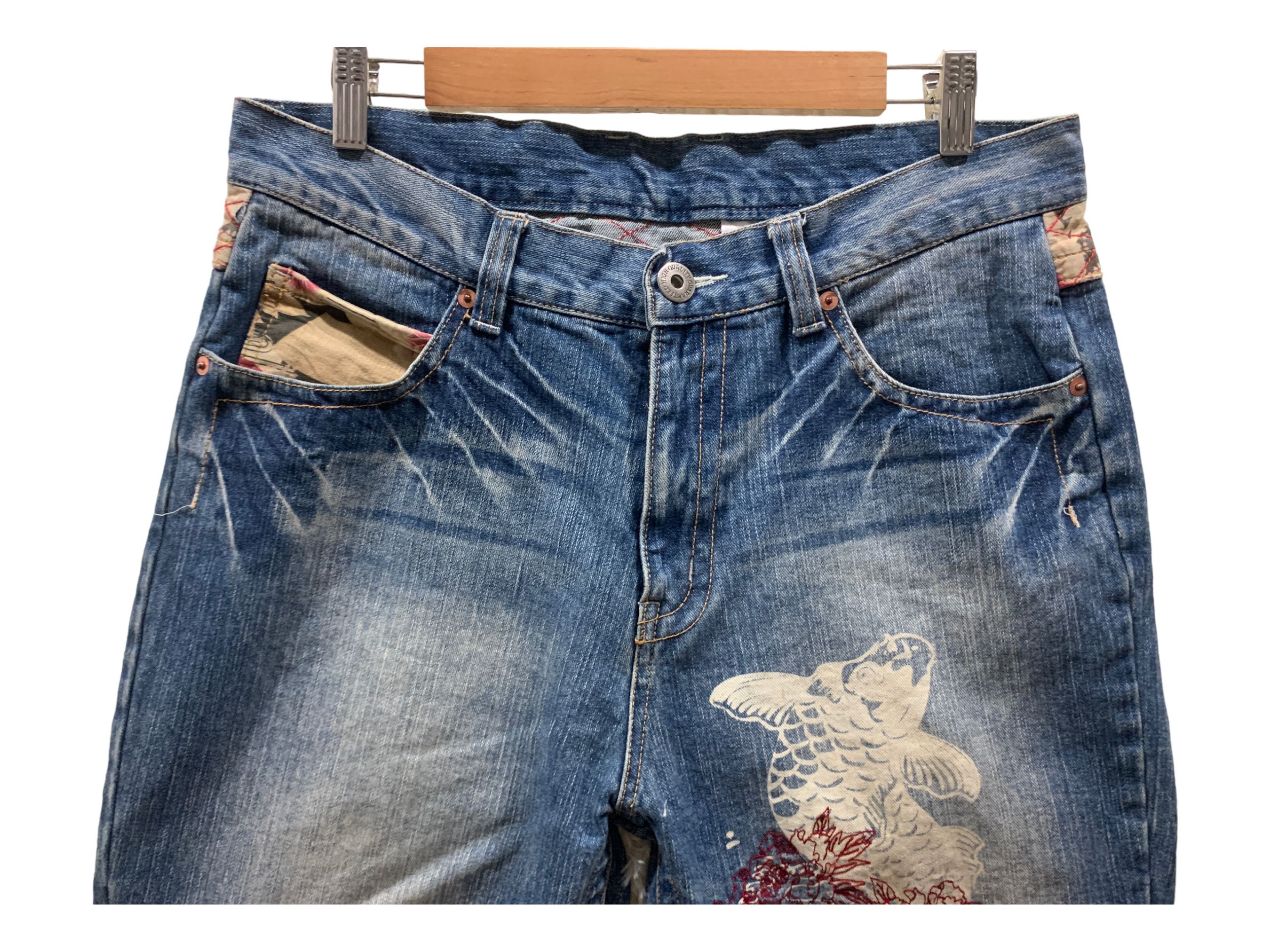 Japanese Brand Koi Painted Cropped Jeans Nishikigoi Printed Denim Jeans Size US 32 / EU 48 - 3 Thumbnail