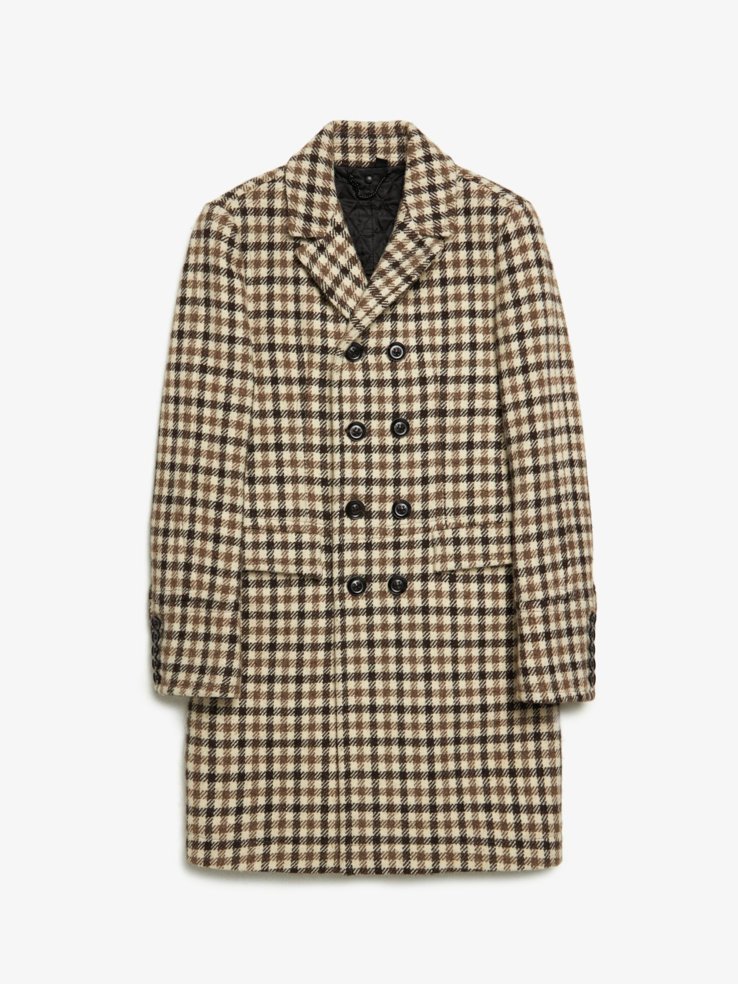 Beige Brown Checked Double Breasted Wool Coat