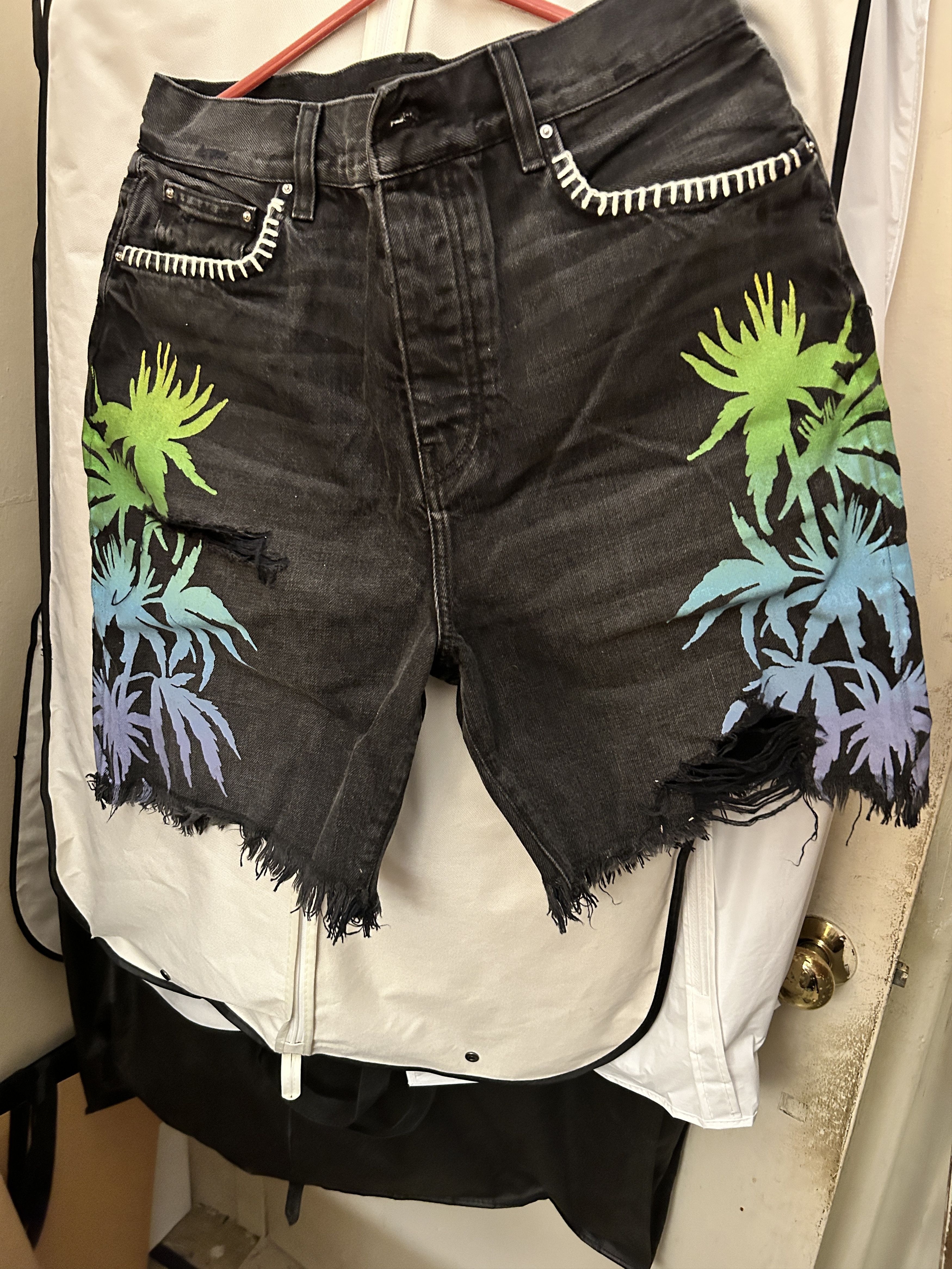 Amiri black denim leaves shorts Palm Tree aged Fray