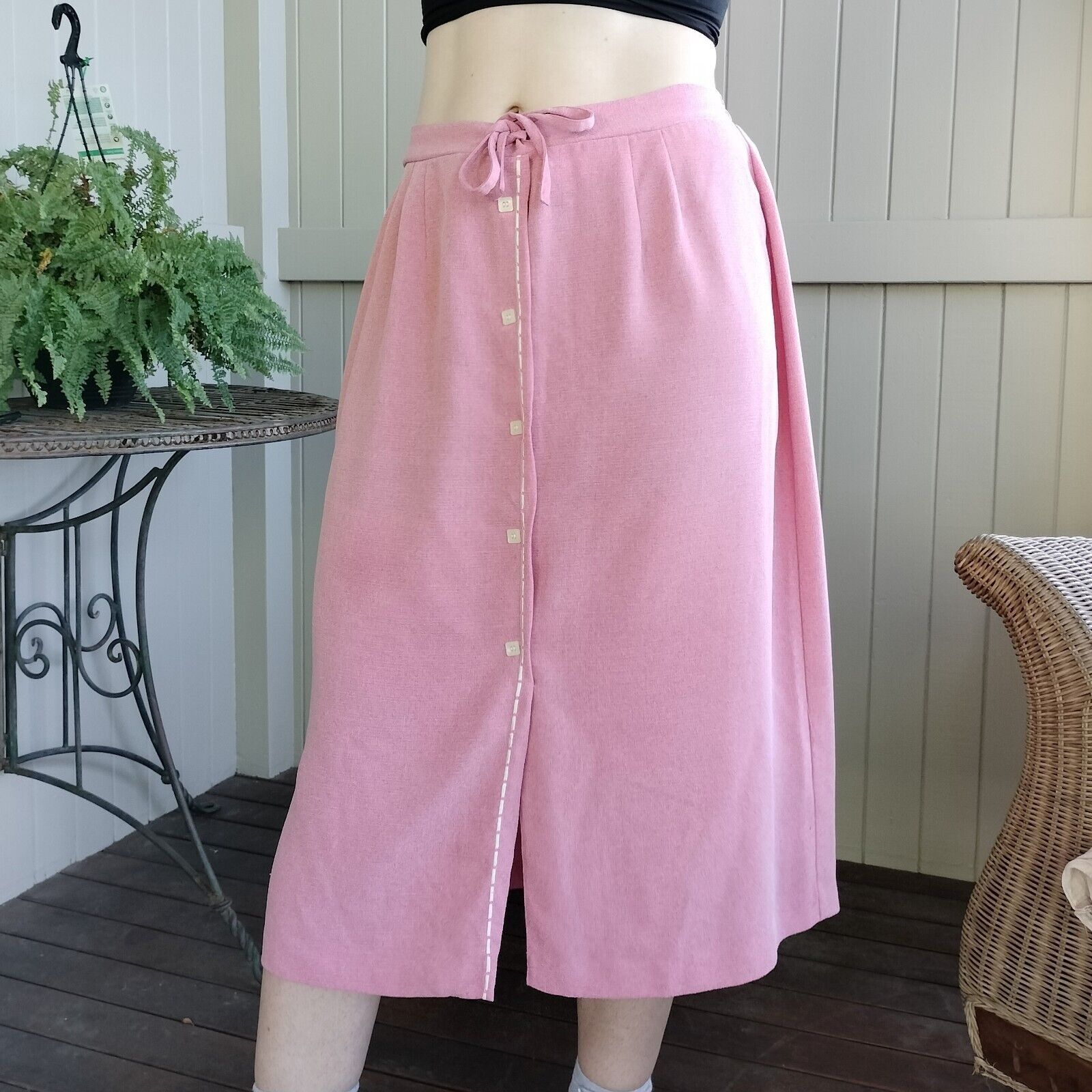 Vintage Vintage 80s Skirt Pink Midi High Waist Knit Button Up Retro Size 34" / US 12 / IT 48 - 2 Thumbnail