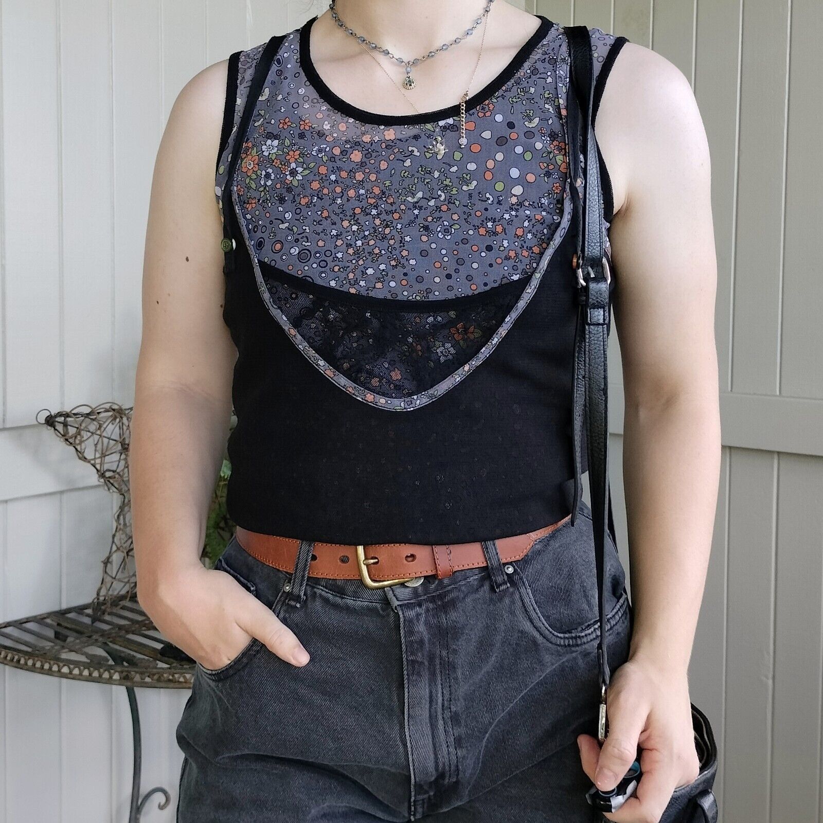 Designer Vintage Y2K Size 10 12 Top Tank Black Grey Floral Mesh Lace Size M / US 6-8 / IT 42-44 - 1 Thumbnail