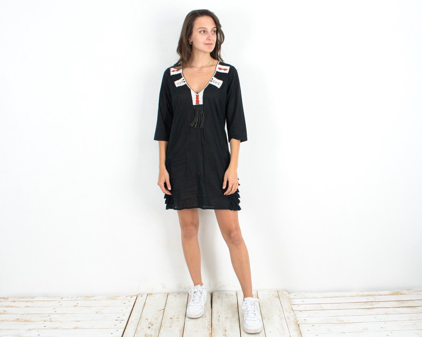 Cowboy Equipment × Vintage Western Cowgirl Dress Beaded Black Ruffles Above The Knee Size M / US 6-8 / IT 42-44 - 1 Thumbnail