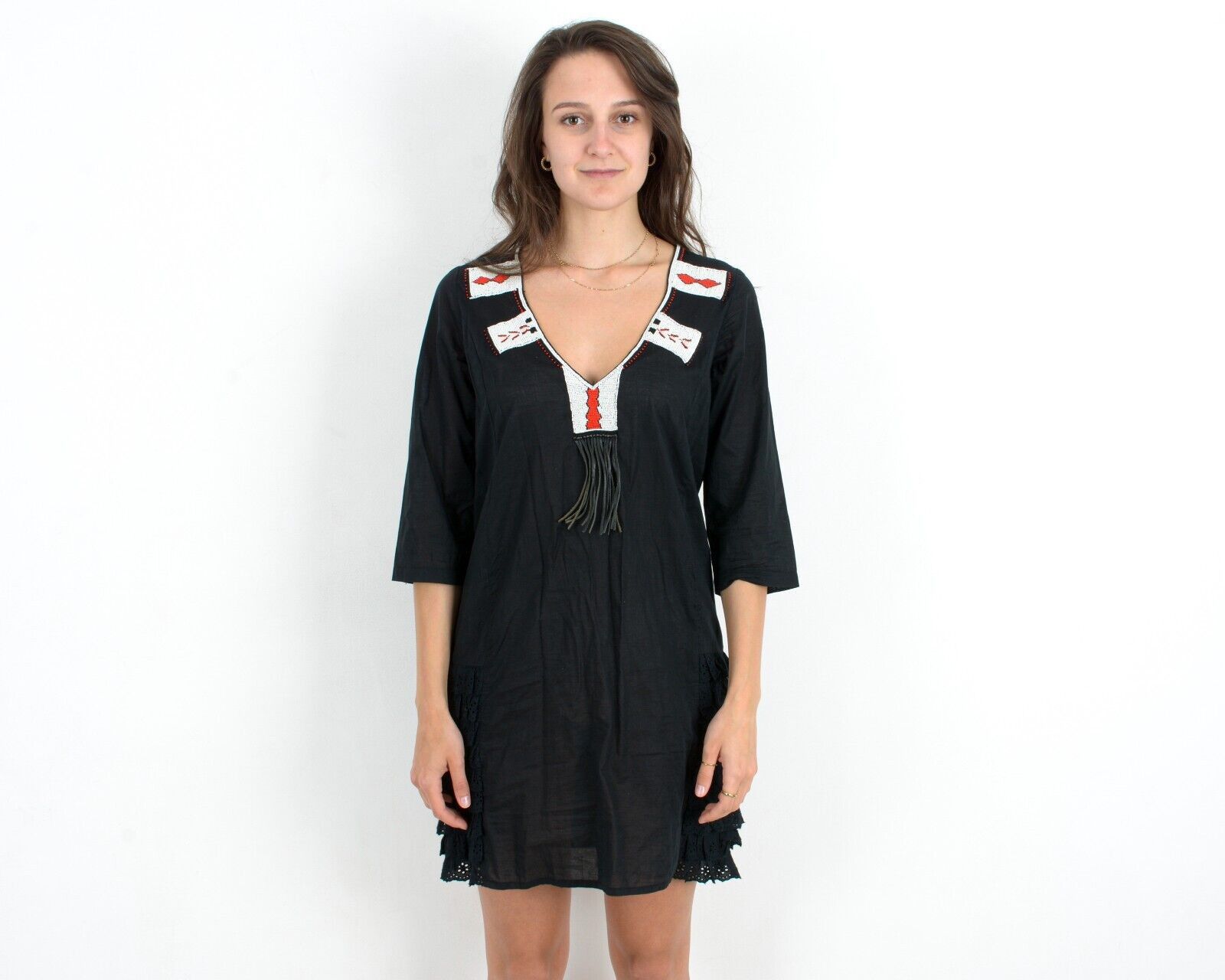 Cowboy Equipment × Vintage Western Cowgirl Dress Beaded Black Ruffles Above The Knee Size M / US 6-8 / IT 42-44 - 2 Thumbnail