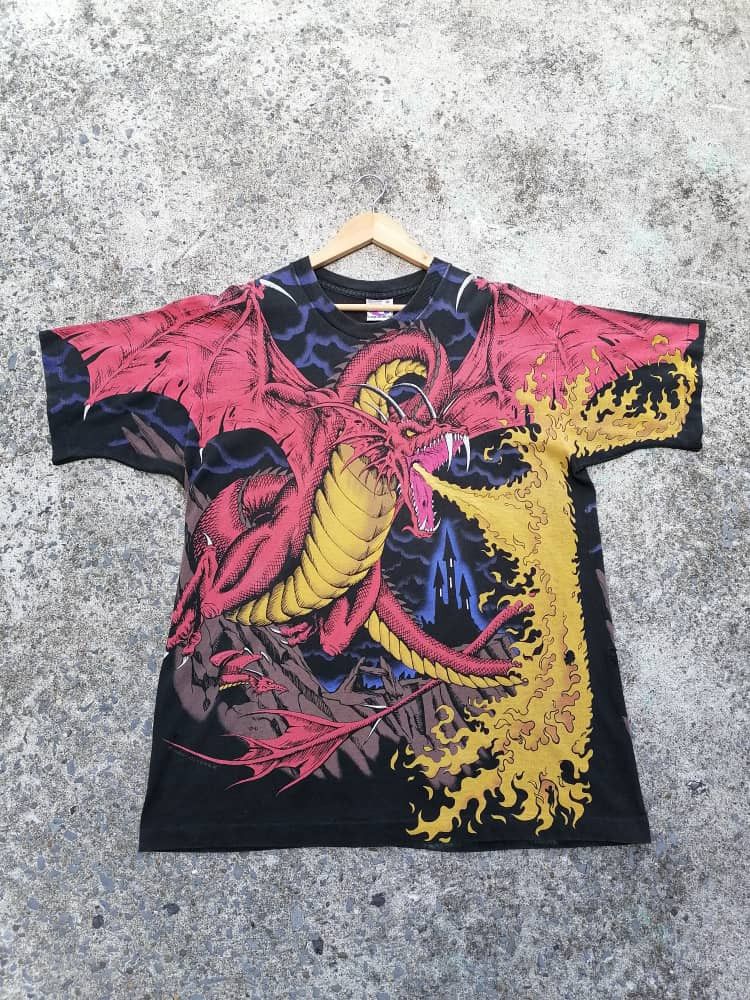 image of 90's Liquid Blue Dragon Allover Print Tee, Men's (Size Large)