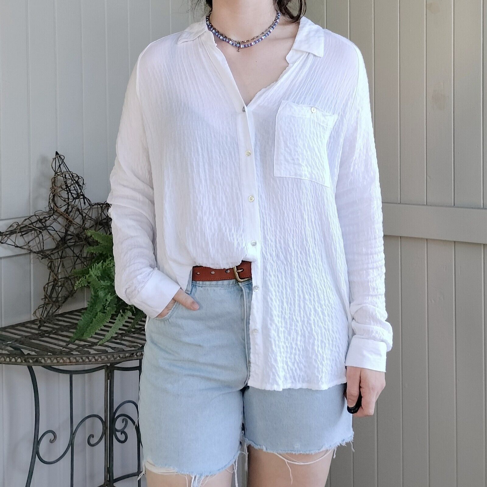 Designer Jane + Delancey Blouse Top Button Up Long Sleeve Gauze Rayon Size L / US 10 / IT 46 - 1 Thumbnail
