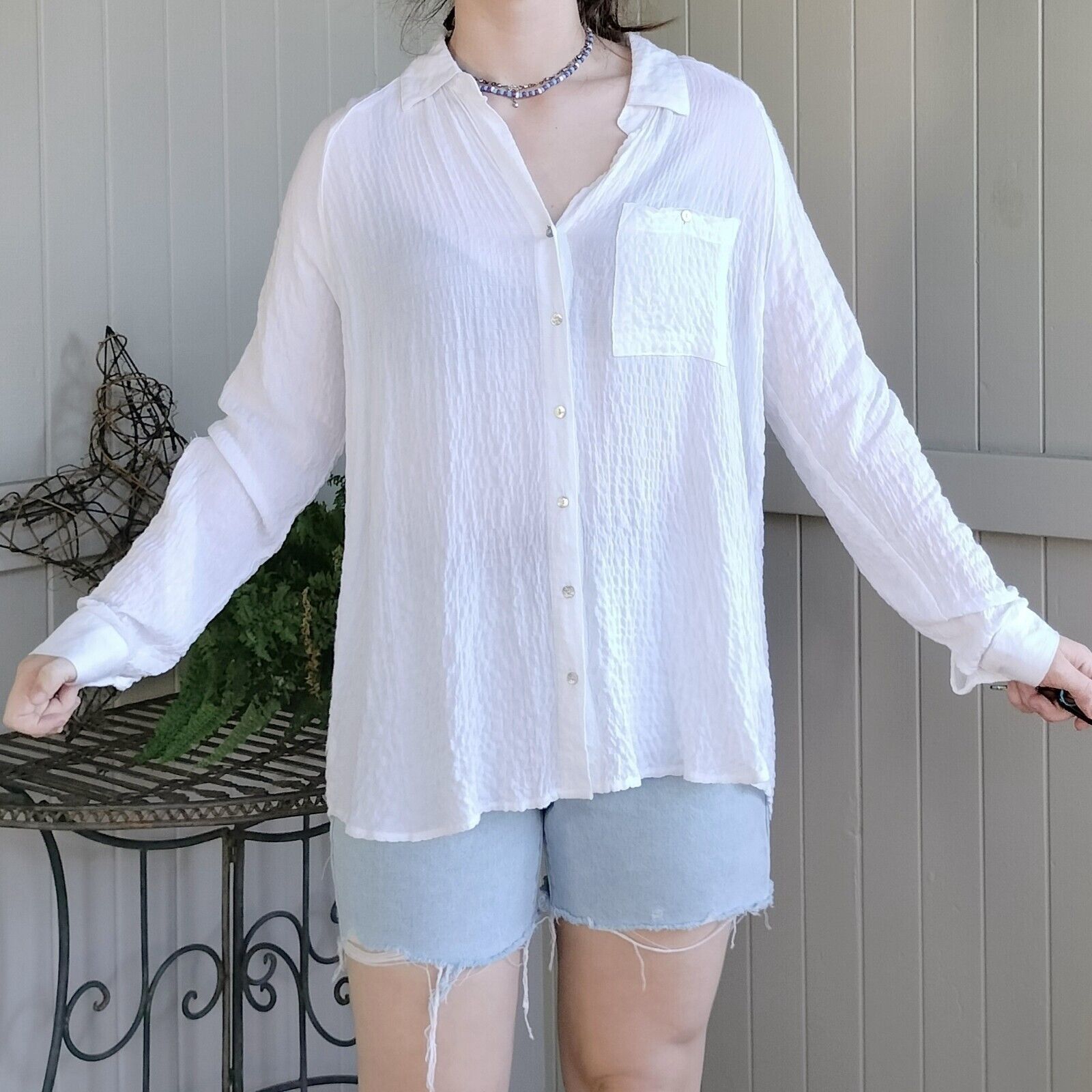 Designer Jane + Delancey Blouse Top Button Up Long Sleeve Gauze Rayon Size L / US 10 / IT 46 - 2 Thumbnail
