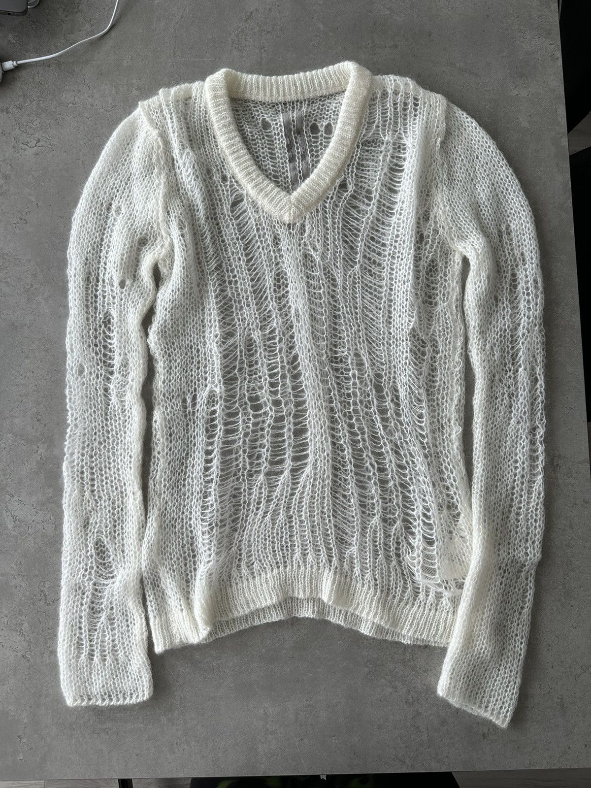 image of Rick Owens Spider Distressed Knitted Top in White, Men's (Size Small)