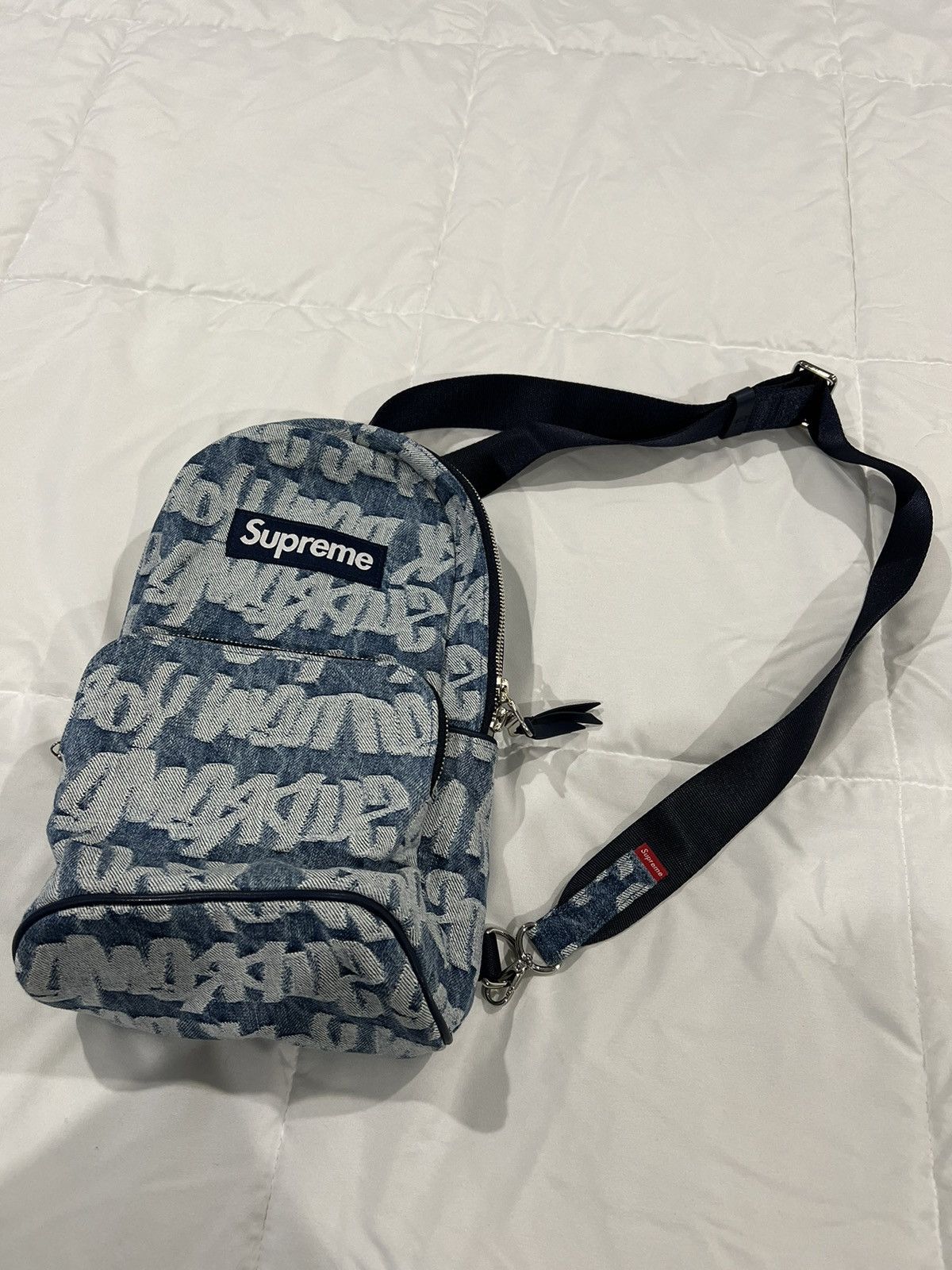 Supreme Fat Tip Jacquard Denim Sling Bag Blue