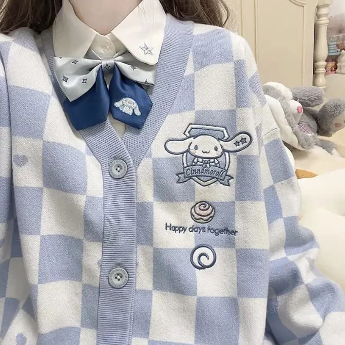 Uniform Checkerboard Cartoon Embroidery Sweater Cardigan