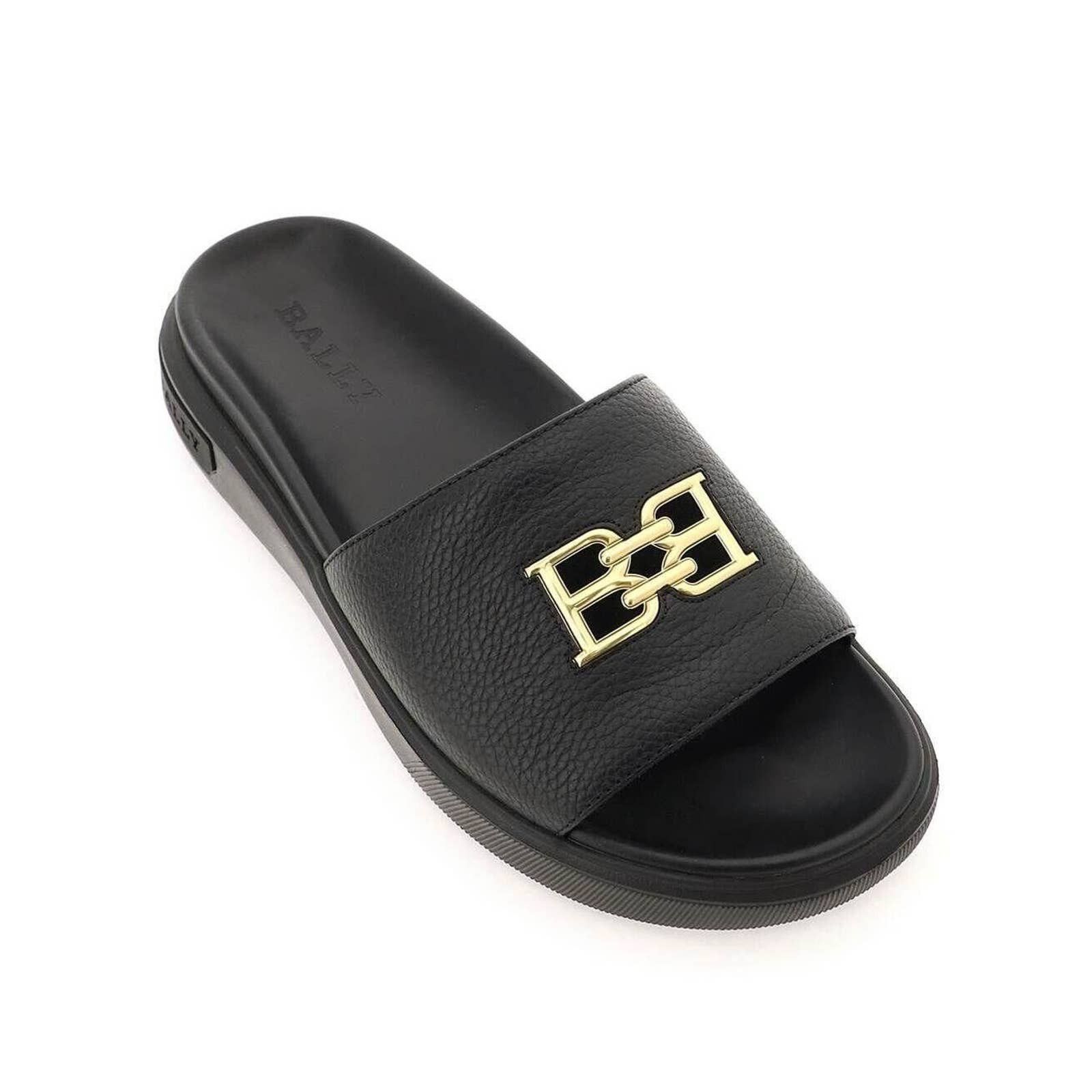 Bally JAXONS BLACK LEATHER B CHAIN GOLD LOGO SANDALS SLIDES 
