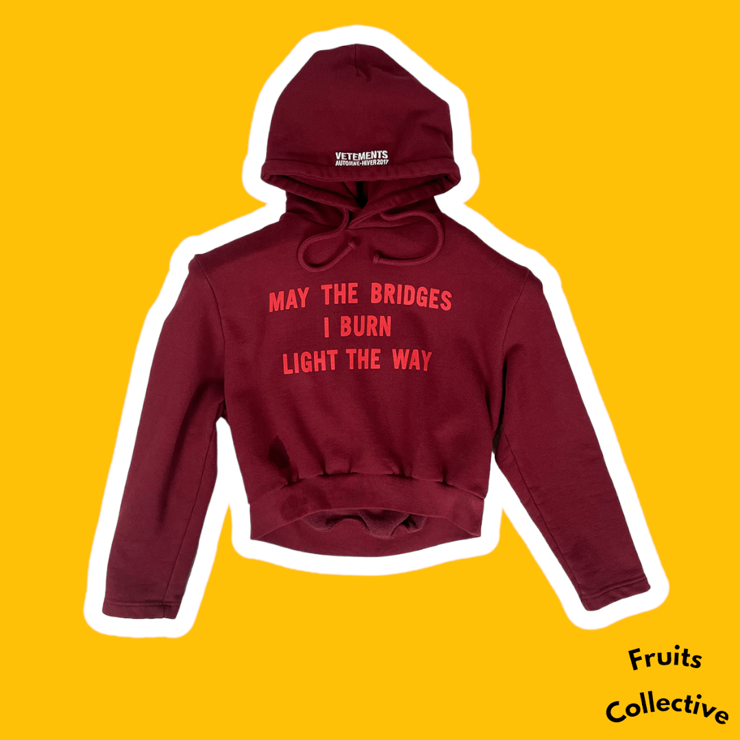 image of Vetements May The Bridges I Burn Light Cropped Hoodie (─‿‿─) in Burgandy, Women's (Size XS)