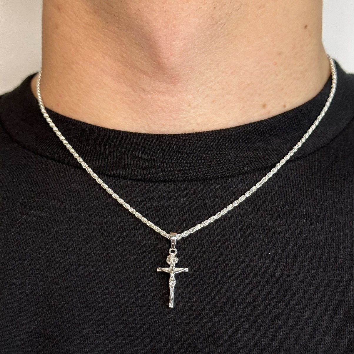 Jewelry Solid .925 Sterling Silver Rope Chain And Cross Set 2mm 18” Size ONE SIZE - 5 Thumbnail