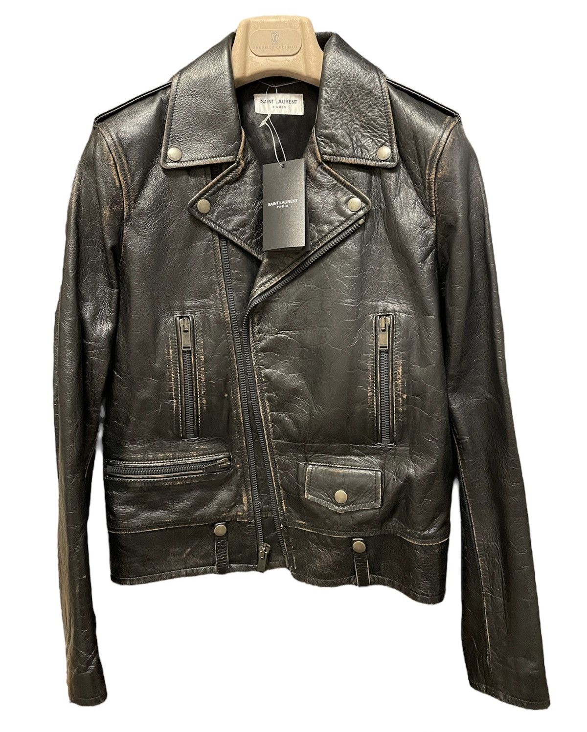 Image of Saint Laurent Paris lightning Bolt Leather Biker Jacket in Black, Men's (Size Small)