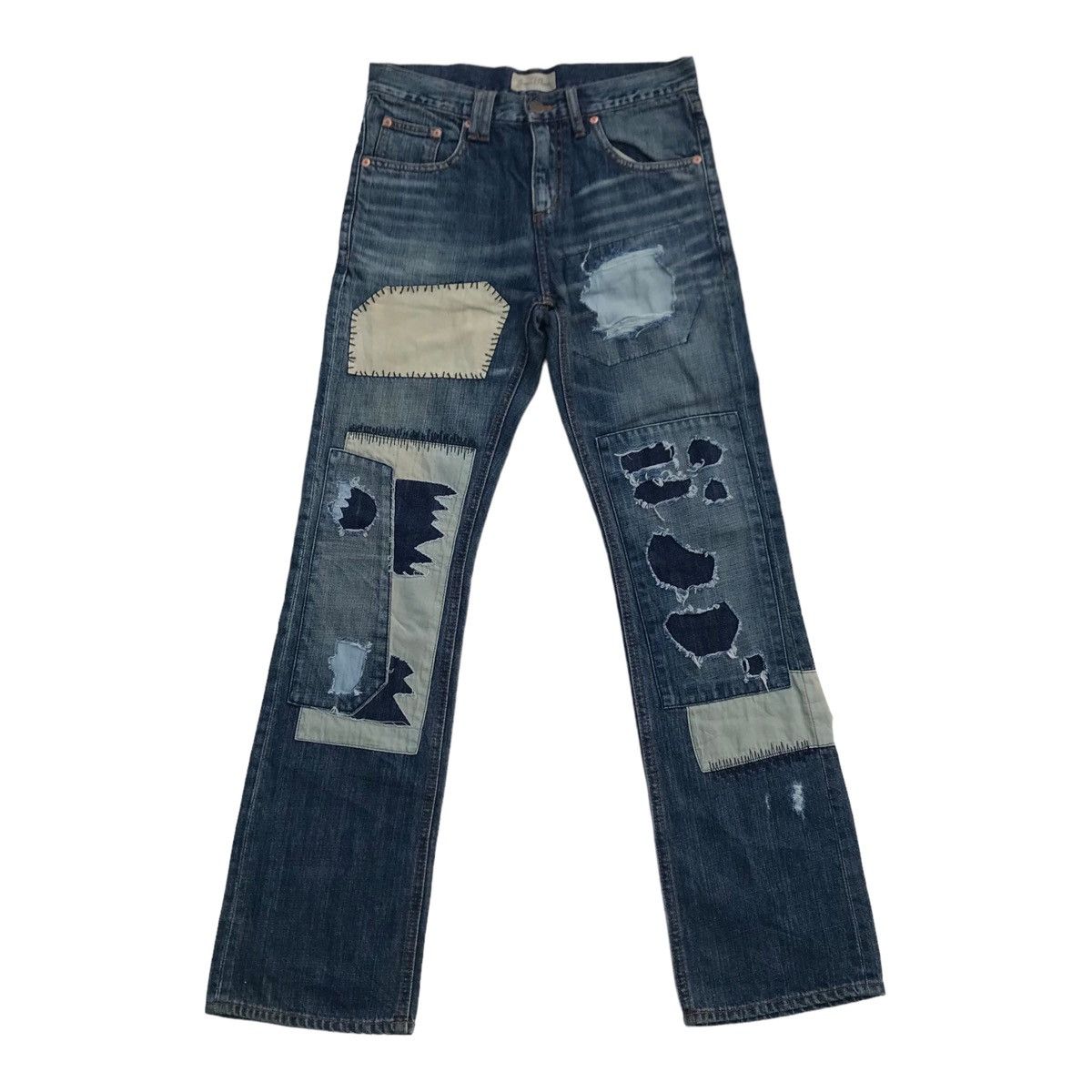 image of Distressed Denim Bonds & Peace Distressed Patches Kurt Cobain Style Pants in Blue, Men's (Size 30)