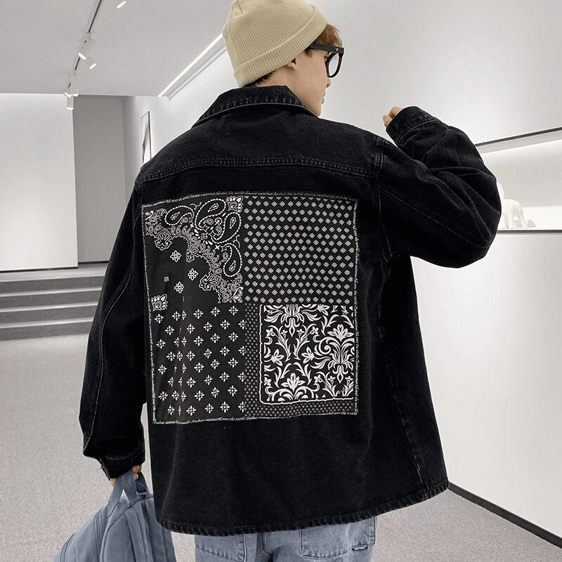 Men Paisley Bandana Print Denim Jacket Streetwear Pattern main image 0