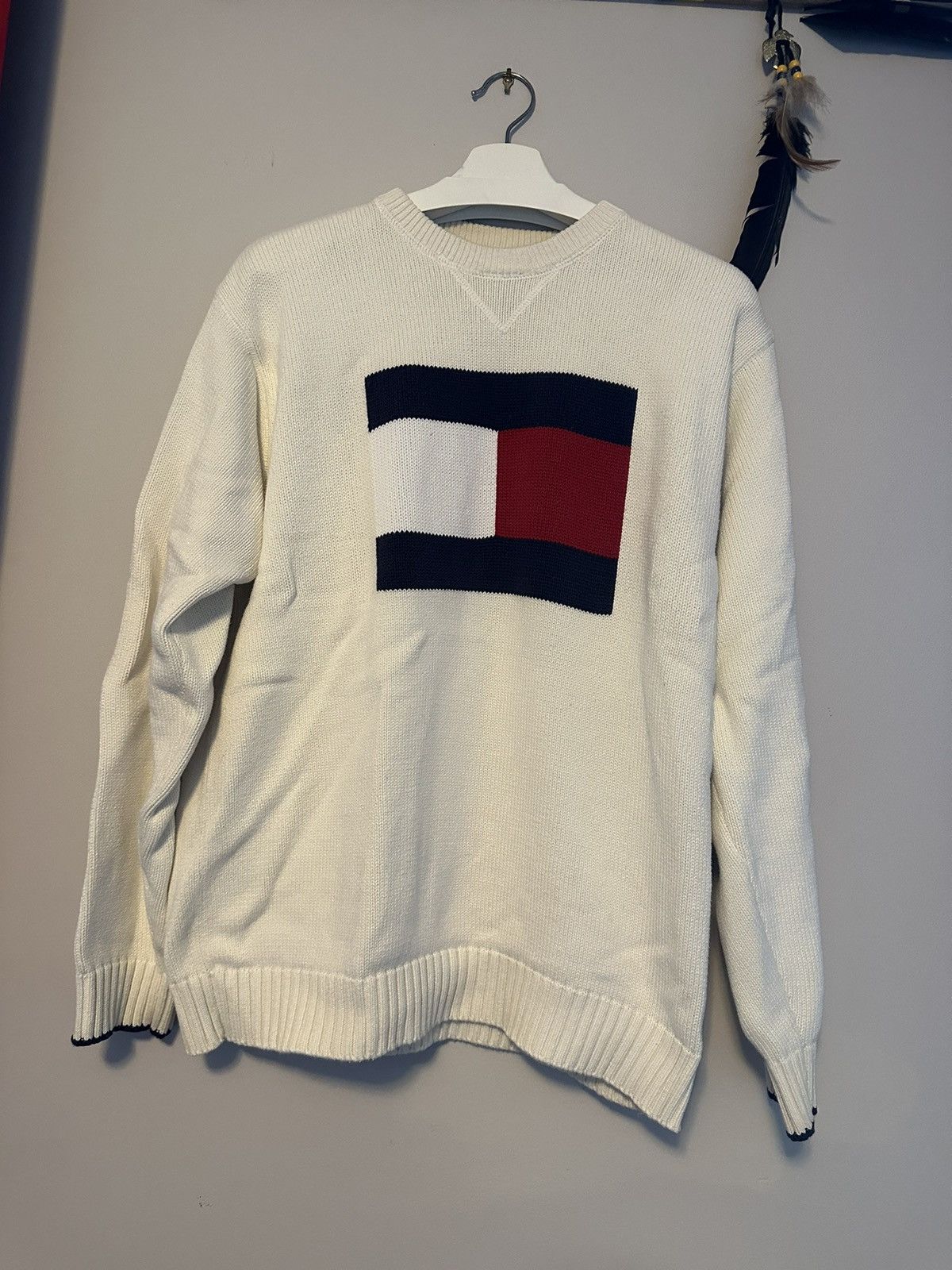 image of Tommy Hilfiger Cream Big Logo Sweater Vintage, Men's (Size Large)