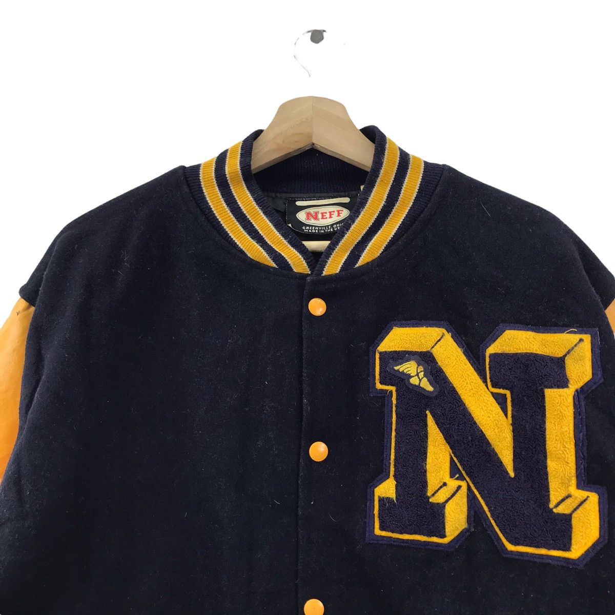 NEFF Vintage 80s NEFF USA Sport Blue Yellow Leather VarsityJacket Size US XL / EU 56 / 4 - 2 Thumbnail