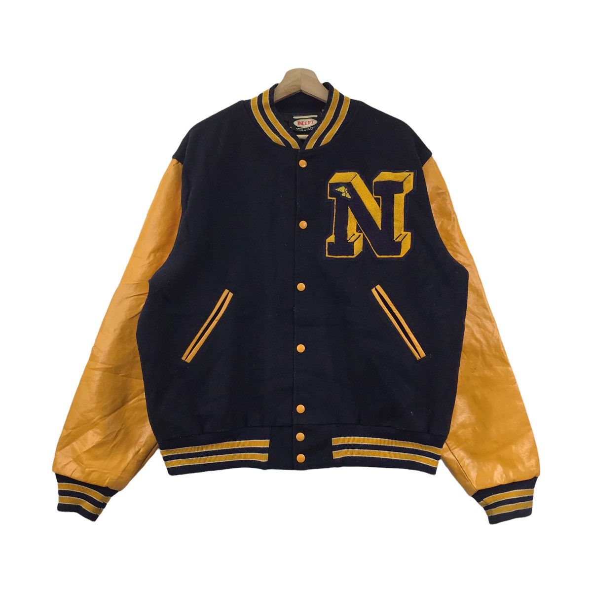 NEFF Vintage 80s NEFF USA Sport Blue Yellow Leather VarsityJacket Size US XL / EU 56 / 4 - 1 Thumbnail