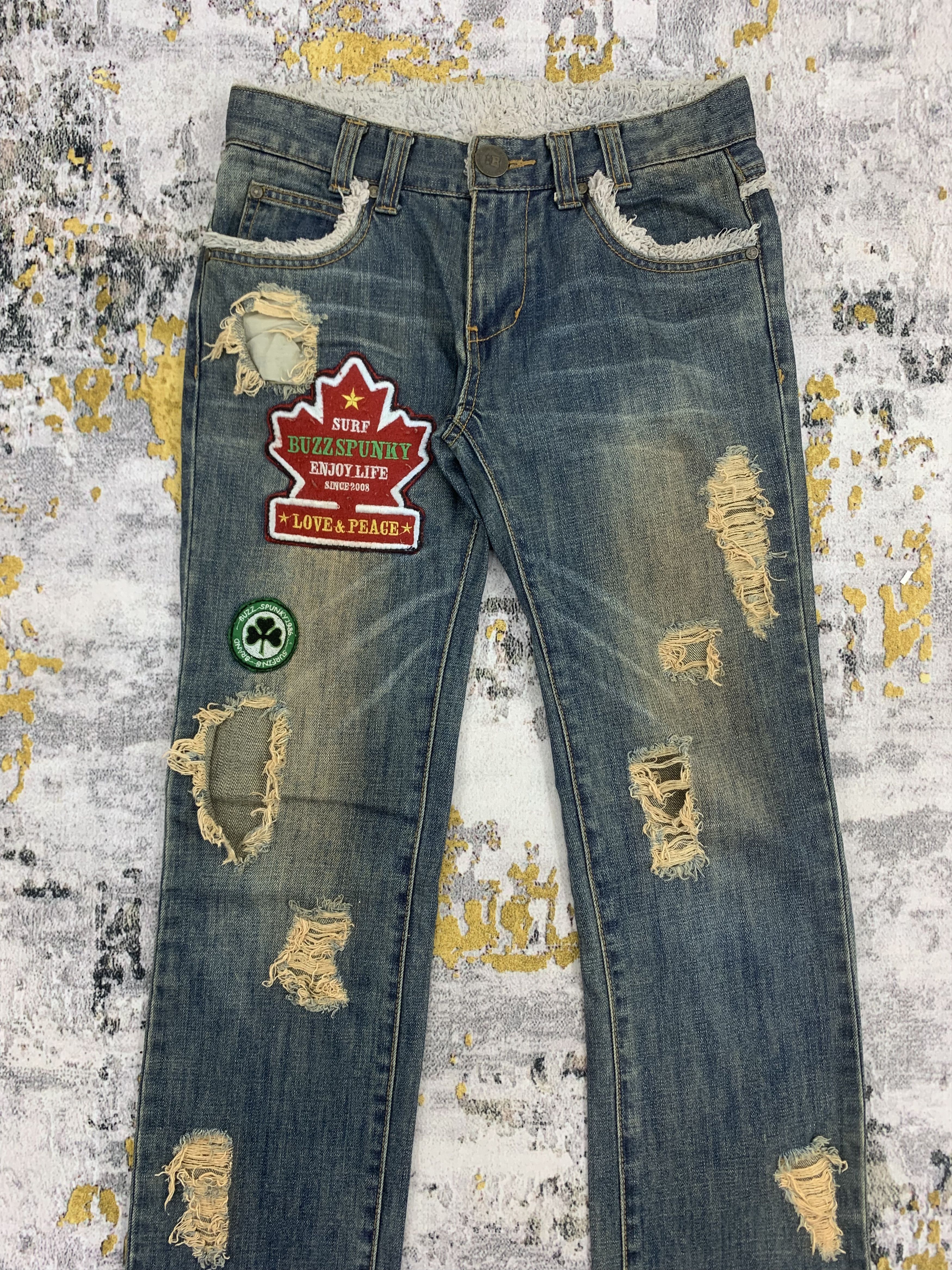 Vintage Buzzspunky Stonewashed Ripped Jeans Patchwork Fur Waist Size US 28 / EU 44 - 2 Thumbnail