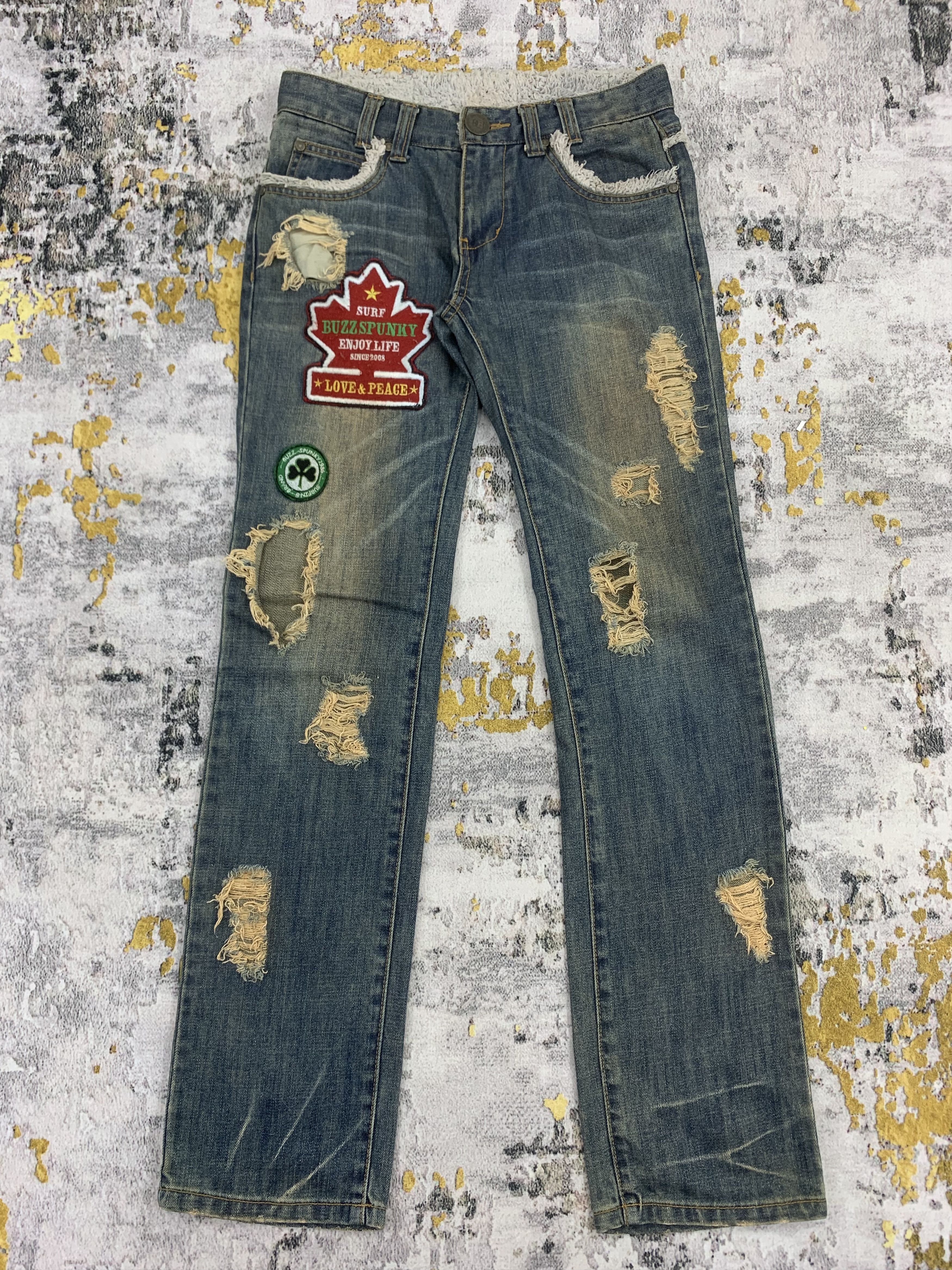 Vintage Buzzspunky Stonewashed Ripped Jeans Patchwork Fur Waist Size US 28 / EU 44 - 1 Thumbnail