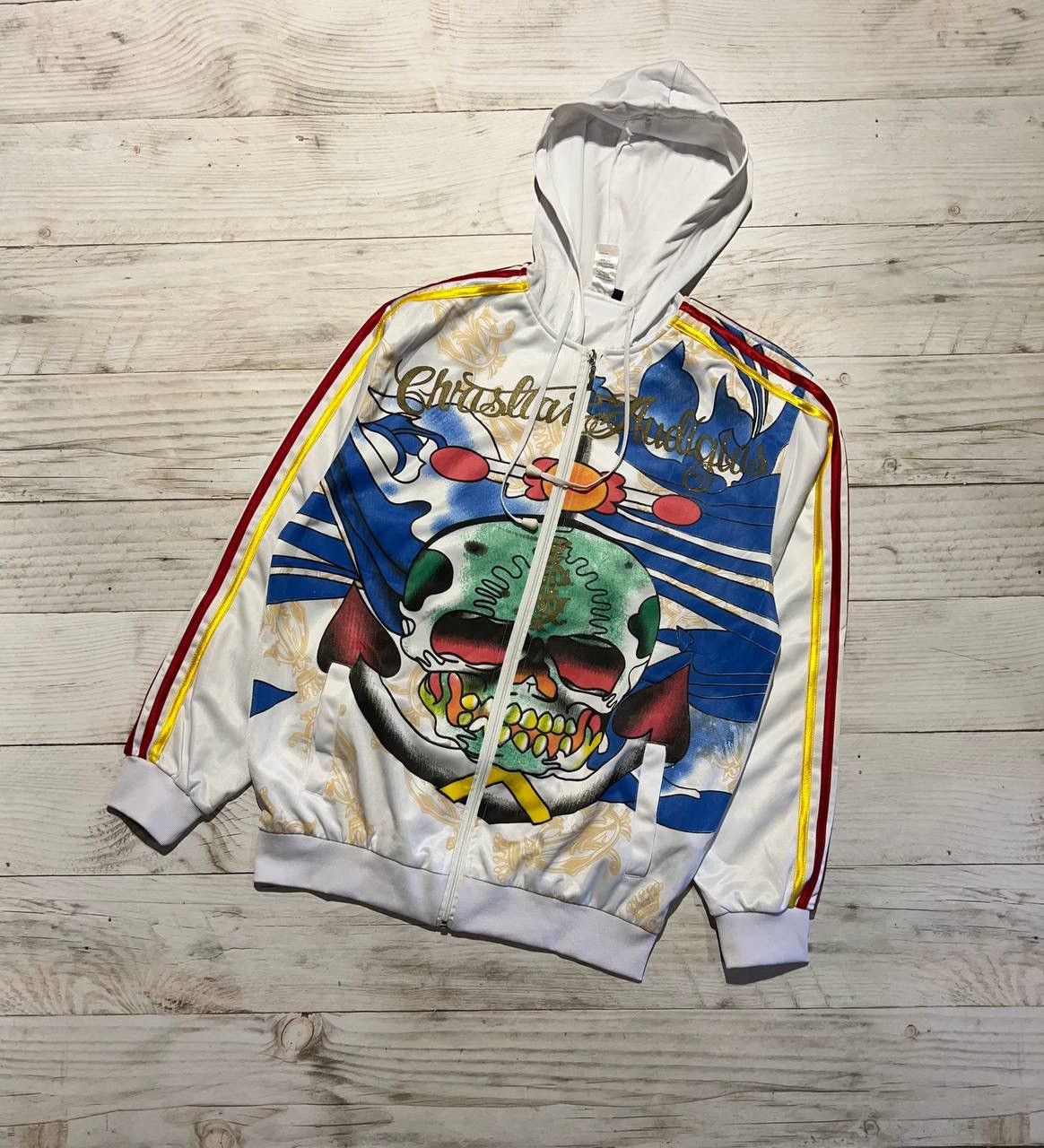 image of Vintage Ed Hardy Christian Audigier Track Jacket Hoded Y2K in White, Men's (Size Large)