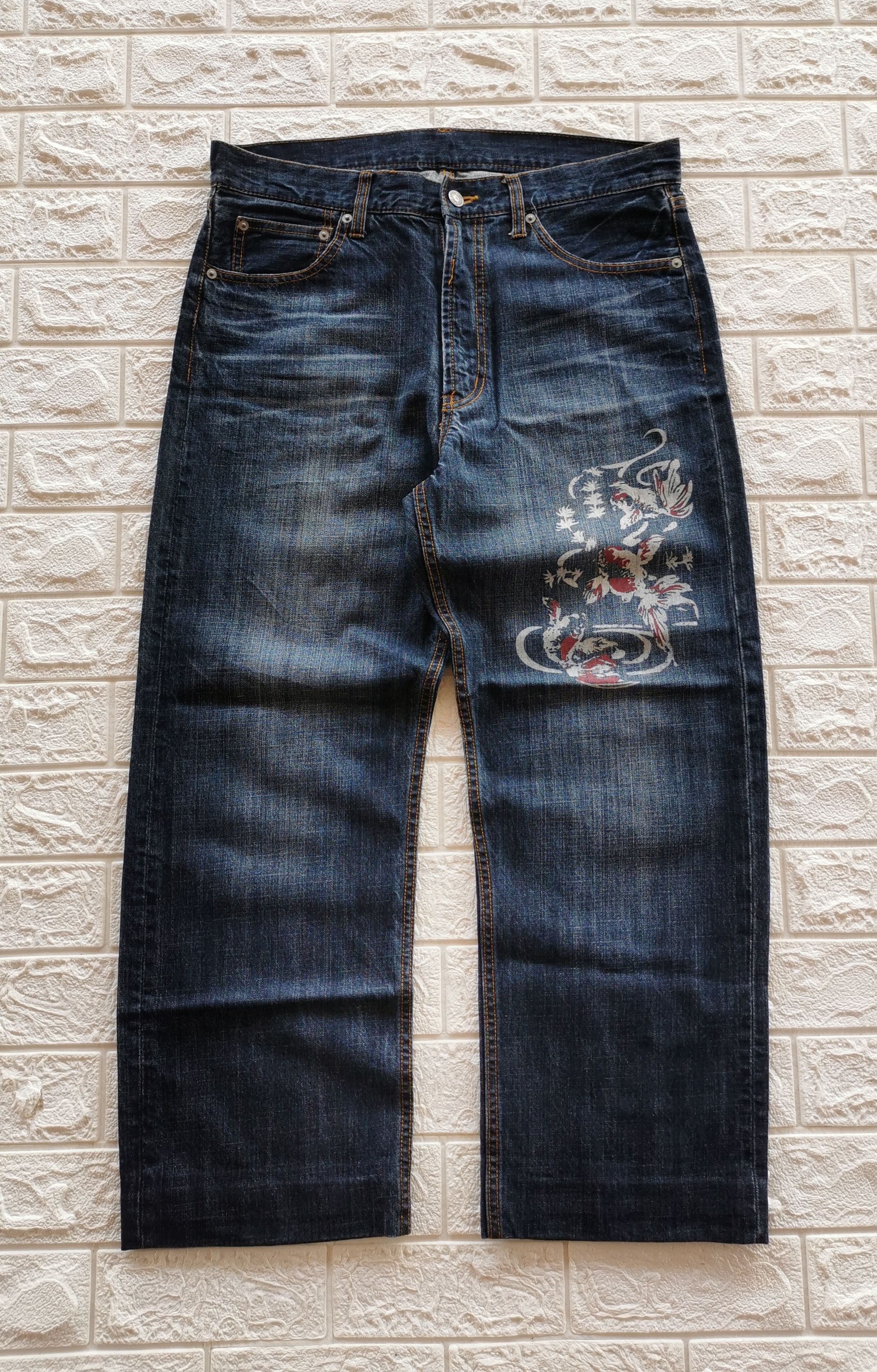 Japanese Brand Golden Fish Printed Style Denim Size US 35 - 2 Thumbnail