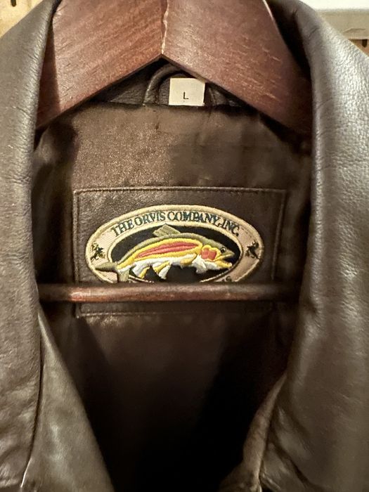 Vintage Orvis Company Fly Fishing Schools Men's Brown Leather Jacket Size XL